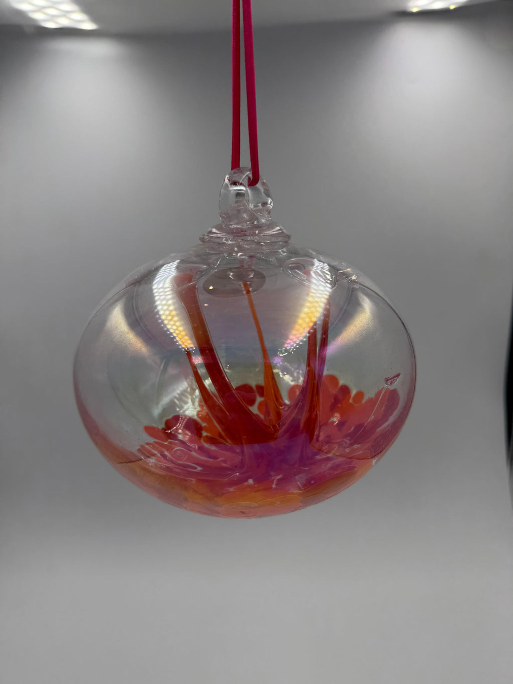 15cm Hand-Blown Witch Ball – Red Orange Pink Branching Glass Ornament
