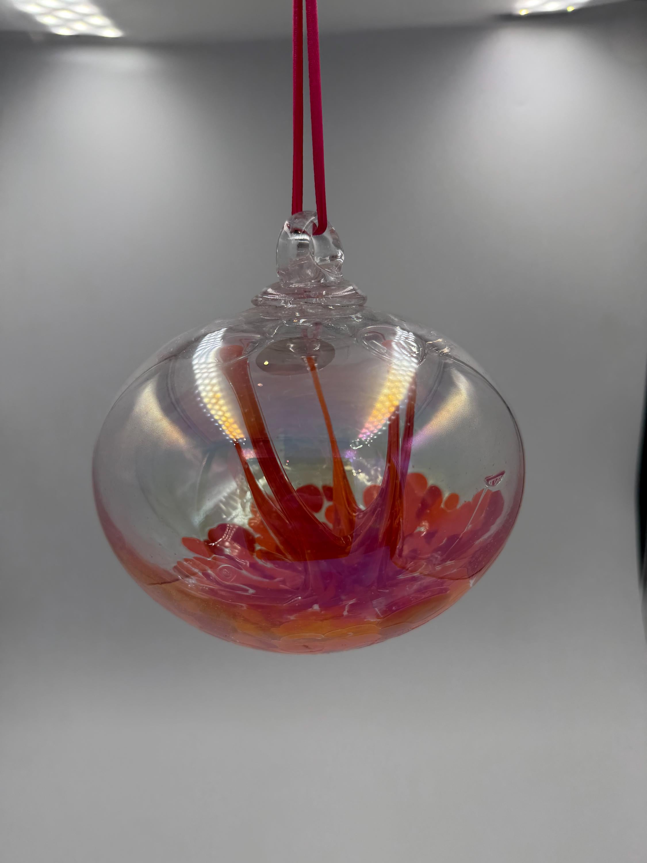 15cm Hand-Blown Witch Ball – Red Orange Pink Branching Glass Ornament