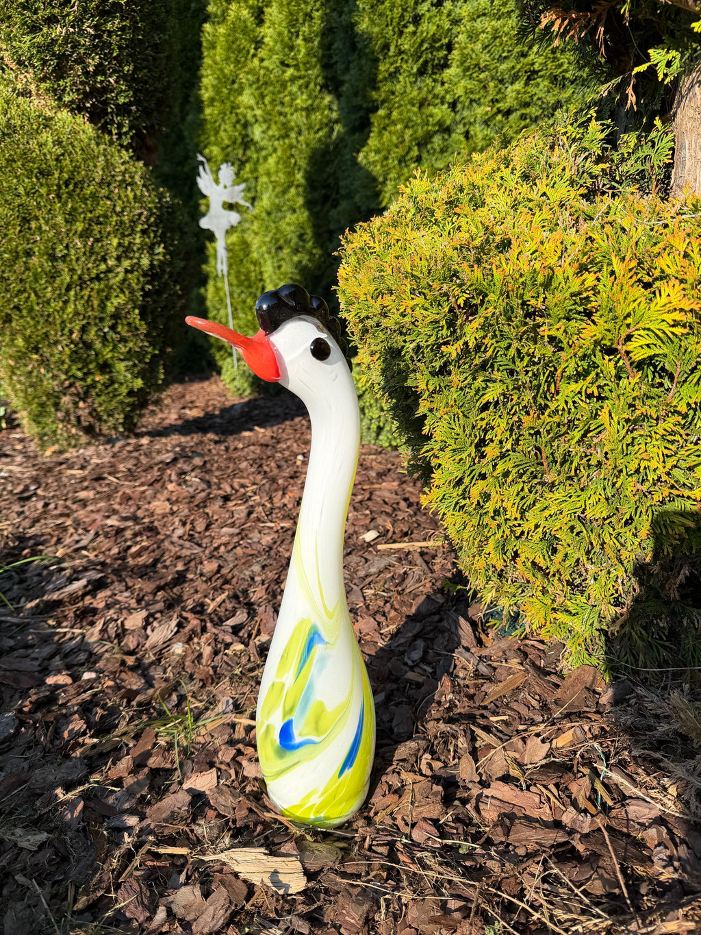 45cm Hand-Blown White Swan Goose Glass Sculpture – Colorful Swirl Bird Figurine