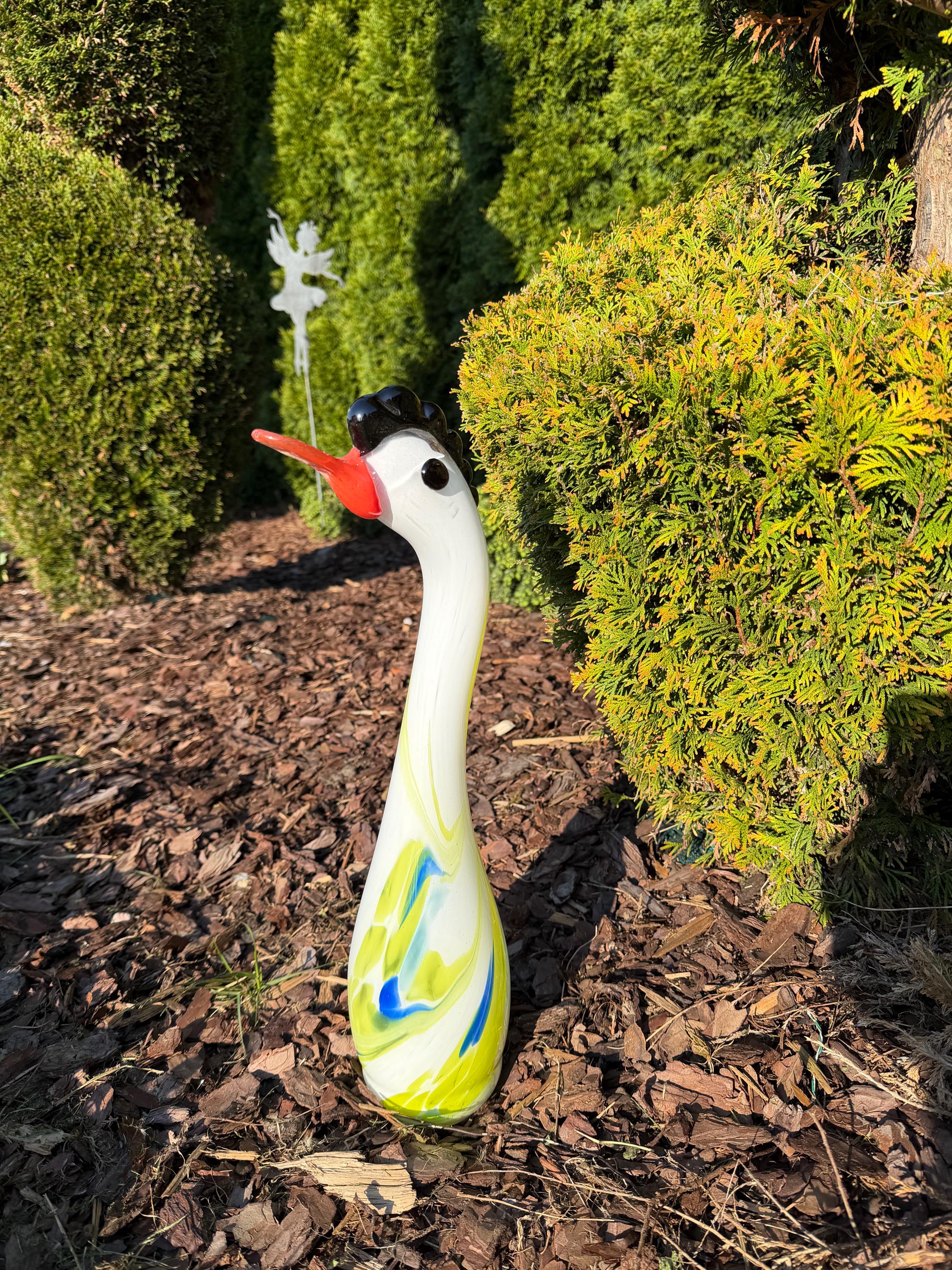 45cm Hand-Blown White Swan Goose Glass Sculpture – Colorful Swirl Bird Figurine