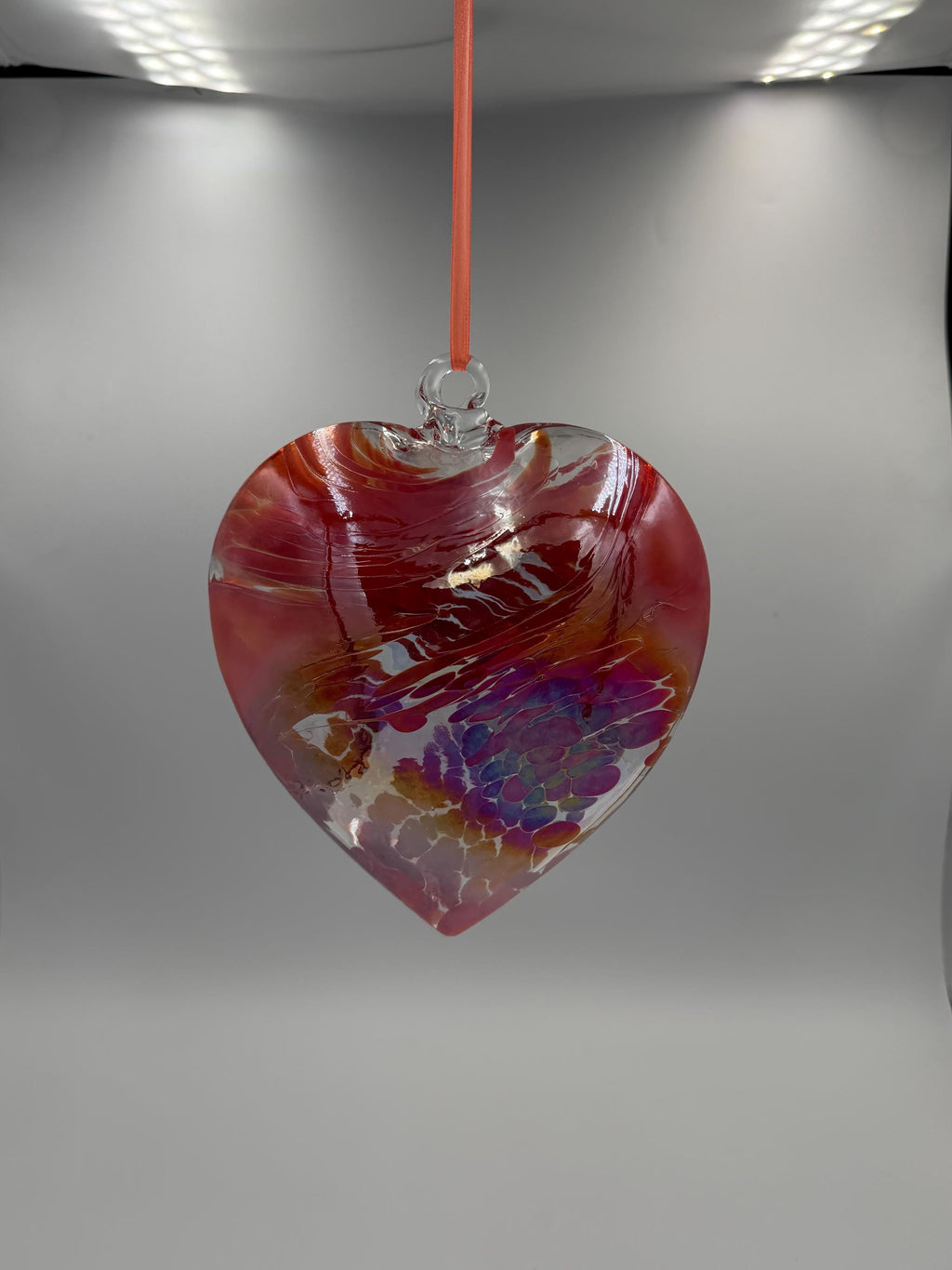 18cm Iridescent Glass Heart Ornament – Hand Blown Pink Heart Suncatcher – Hanging Art