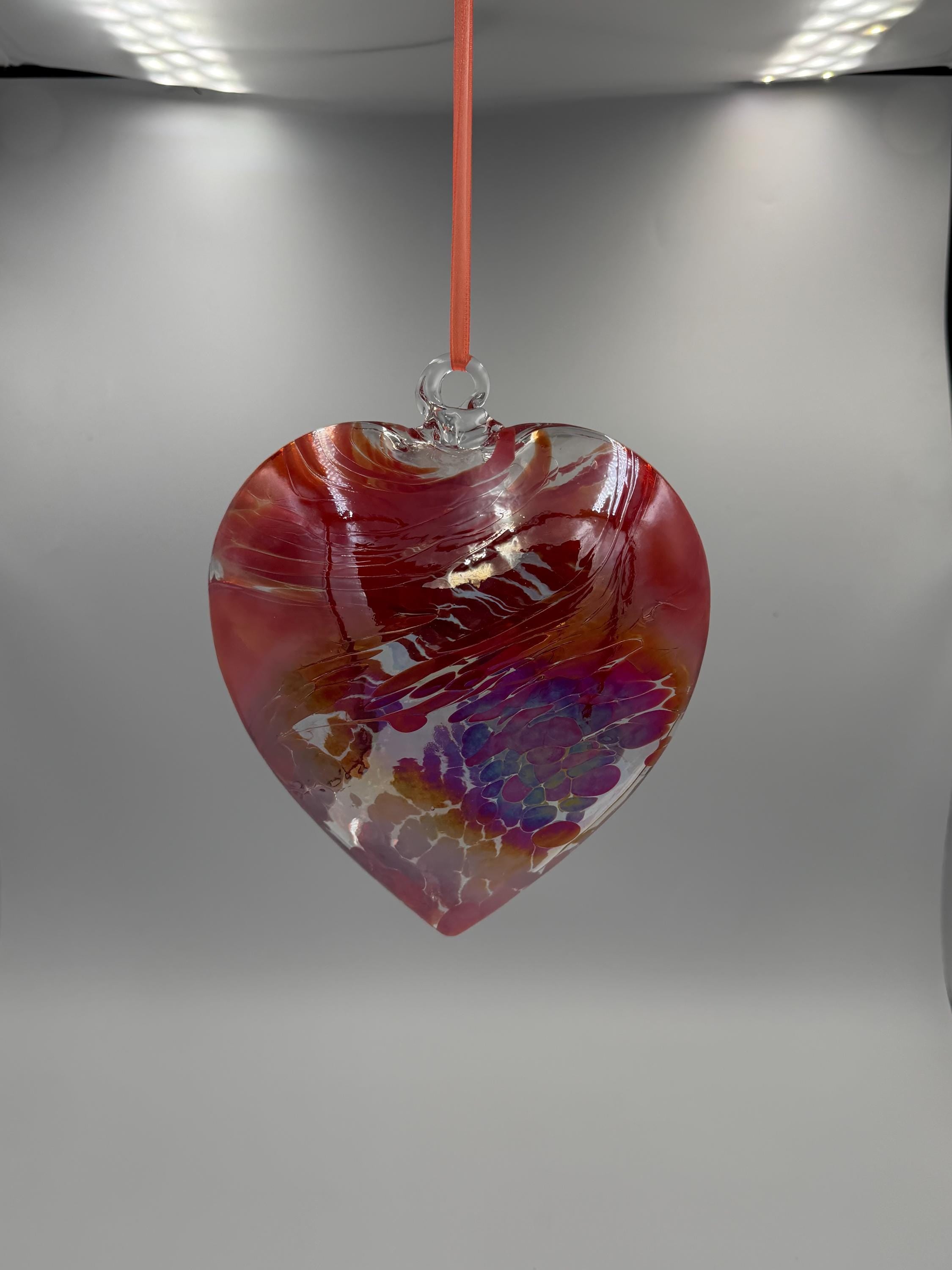18cm Iridescent Glass Heart Ornament – Hand Blown Pink Heart Suncatcher – Hanging Art