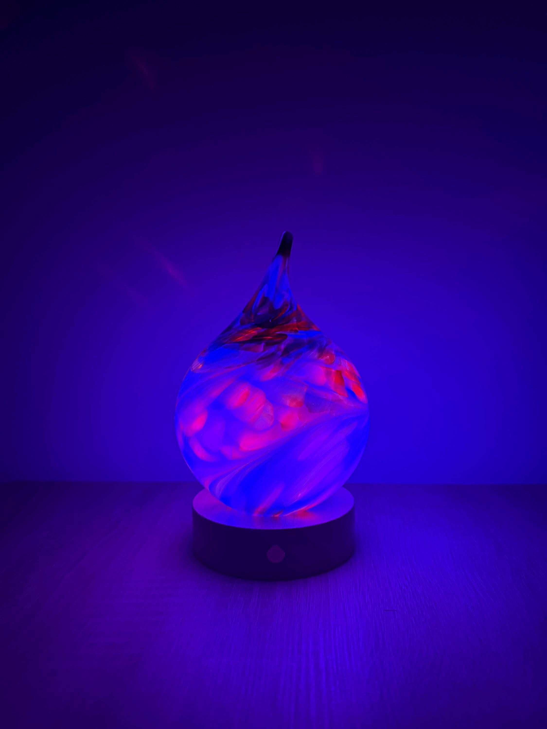 12cm Hand-Blown Rainbow Swirl Teardrop Glass Lamp – Color Changing LED Touch Light Wooden Base