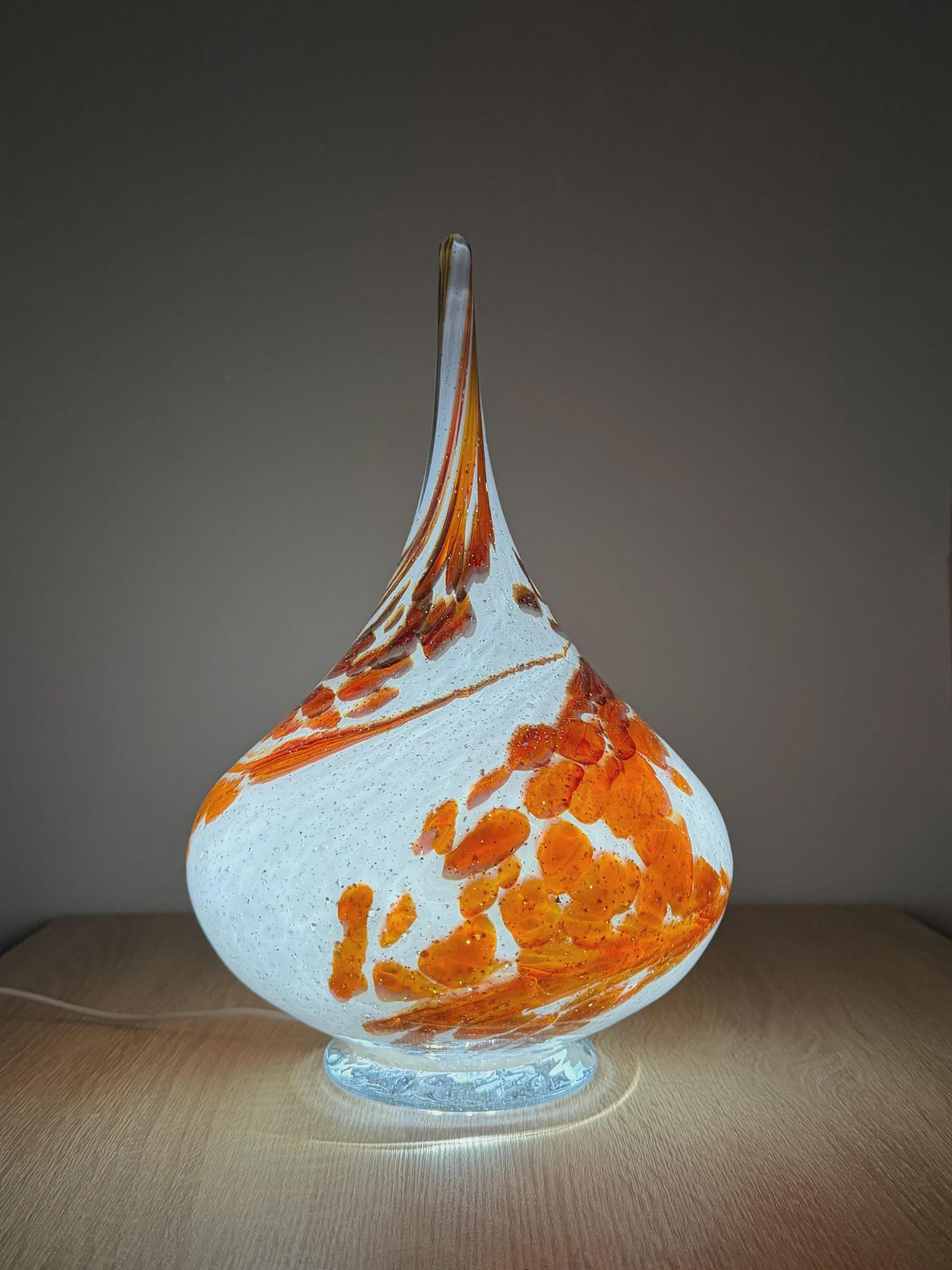Hand-Blown Glass Teardrop Lamp – White, Brown, Gold Speckled LED Night Light