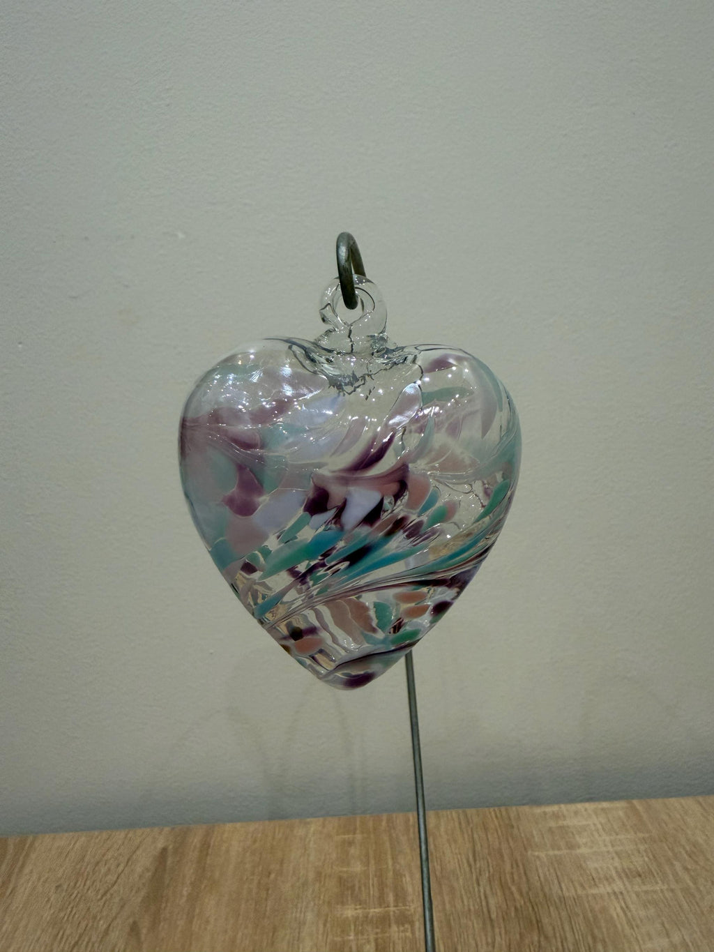 Hand Blown Glass Heart Ornament – Purple Teal Swirls, Garden Decor, 8cm