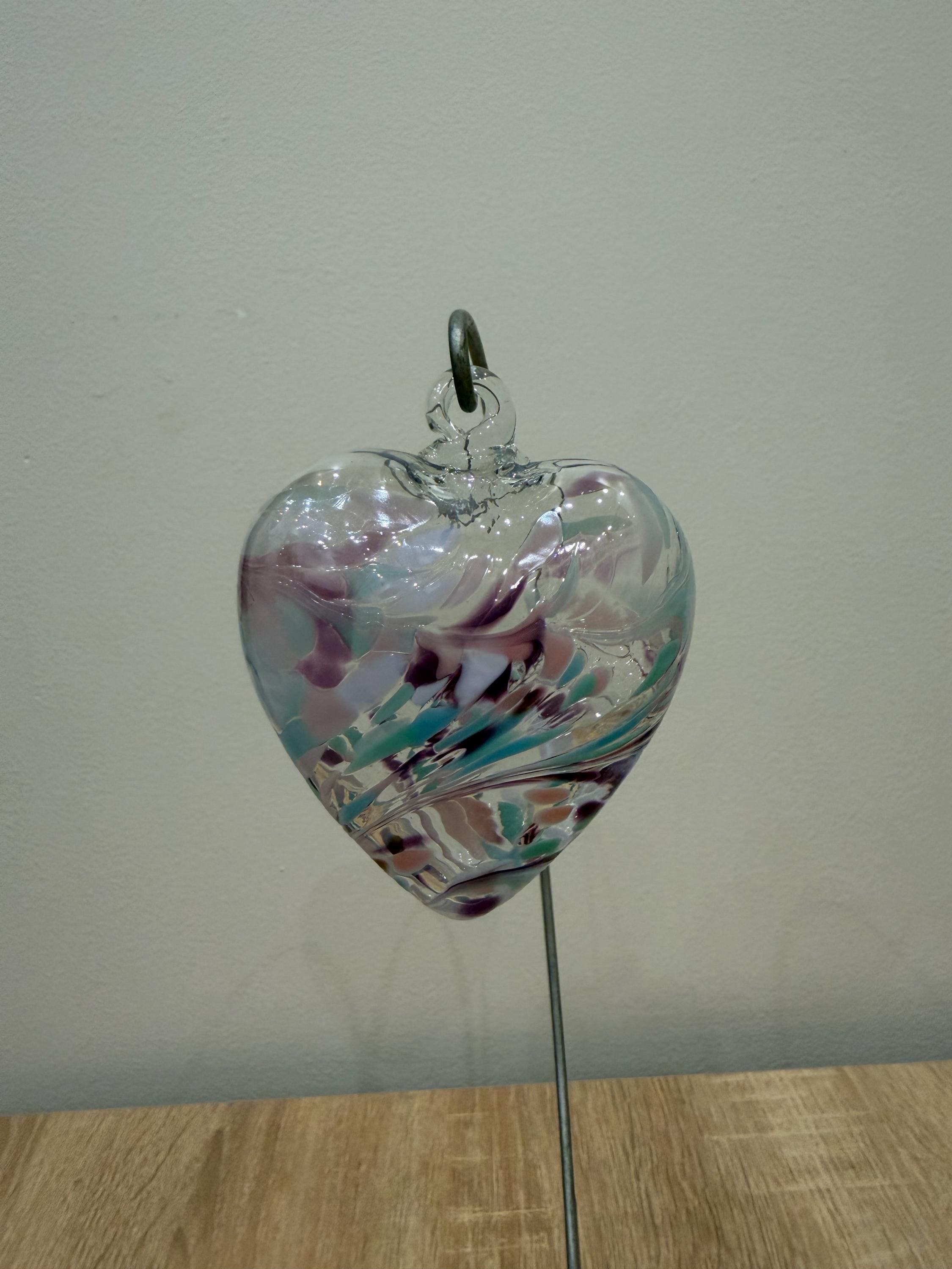 Hand Blown Glass Heart Ornament – Purple Teal Swirls, Garden Decor, 8cm