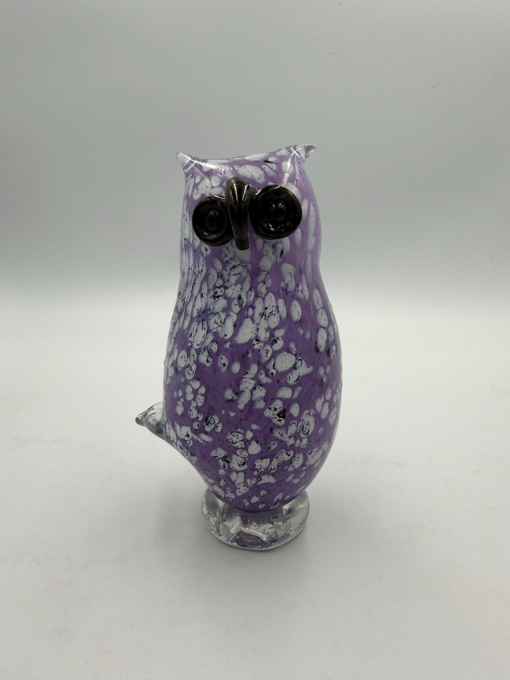 Hand-Blown Glass Owl Figurine – Purple White Speckled Art Sculpture