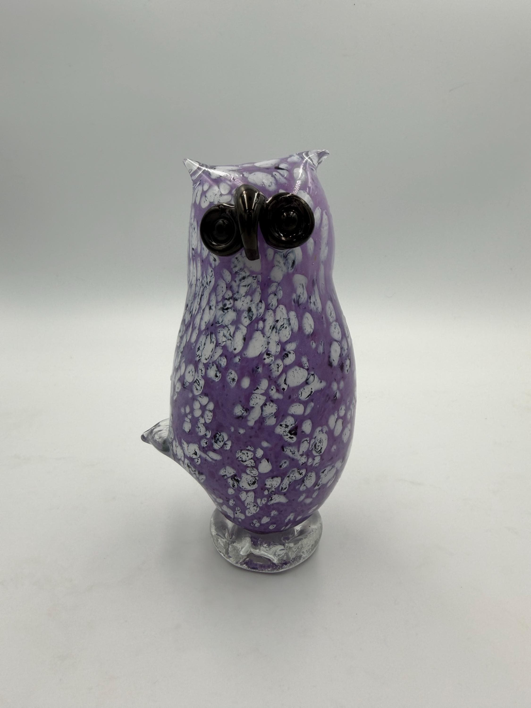 Hand-Blown Glass Owl Figurine – Purple White Speckled Art Sculpture