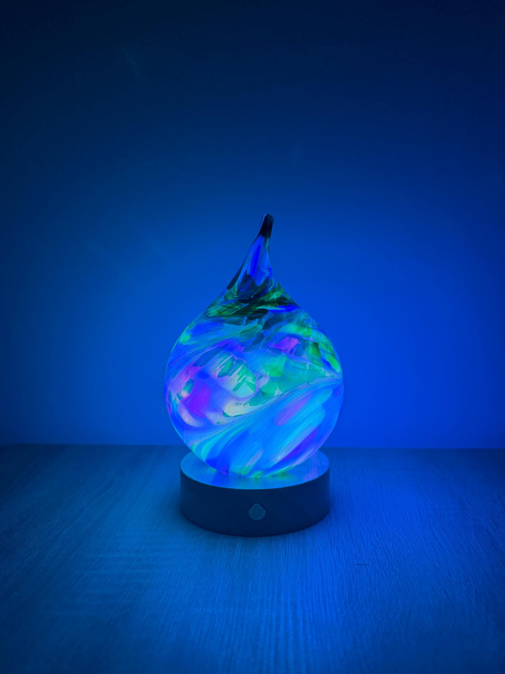 12cm Hand-Blown Rainbow Swirl Teardrop Glass Lamp – Color Changing LED Touch Light Wooden Base
