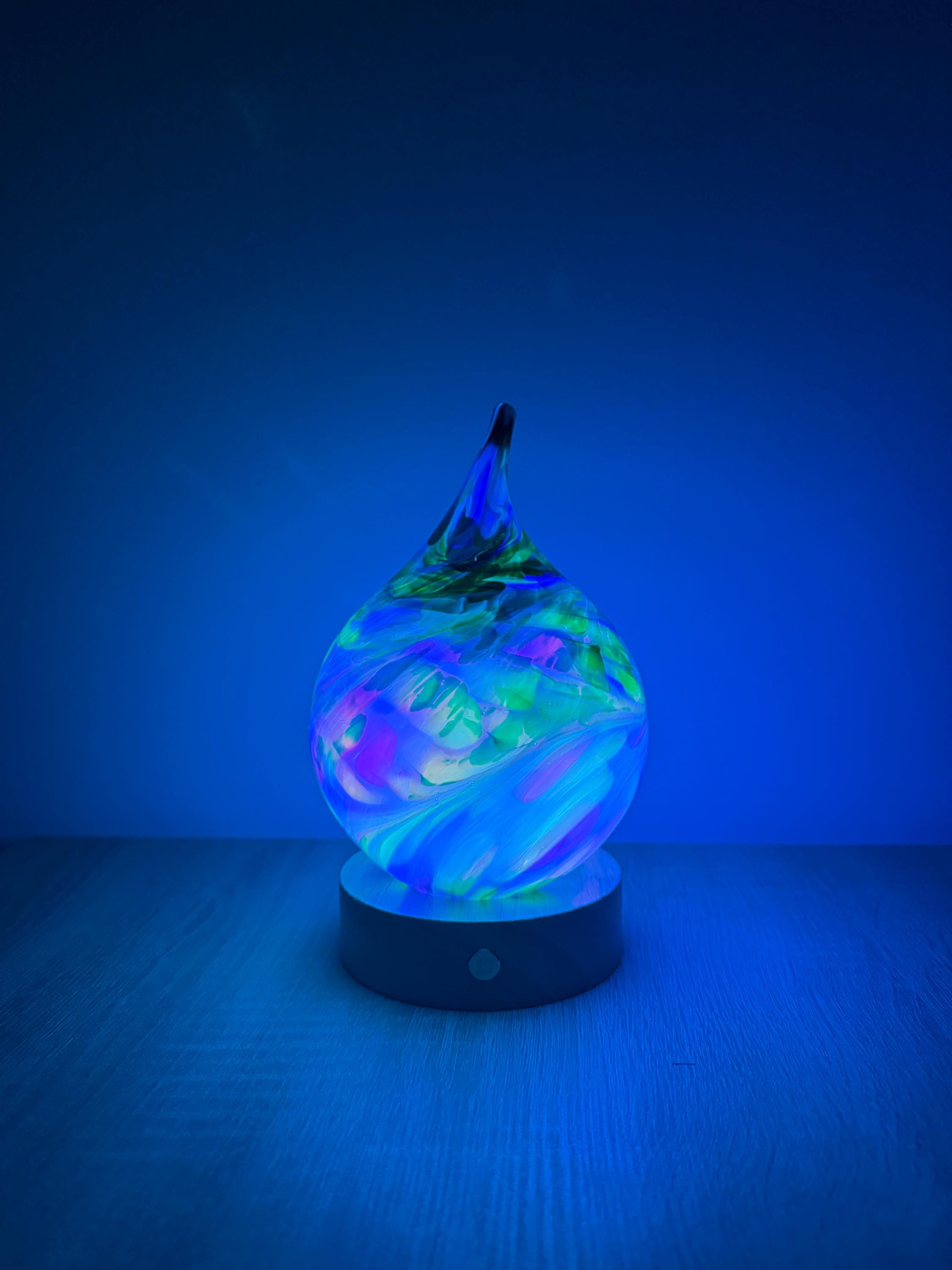12cm Hand-Blown Rainbow Swirl Teardrop Glass Lamp – Color Changing LED Touch Light Wooden Base