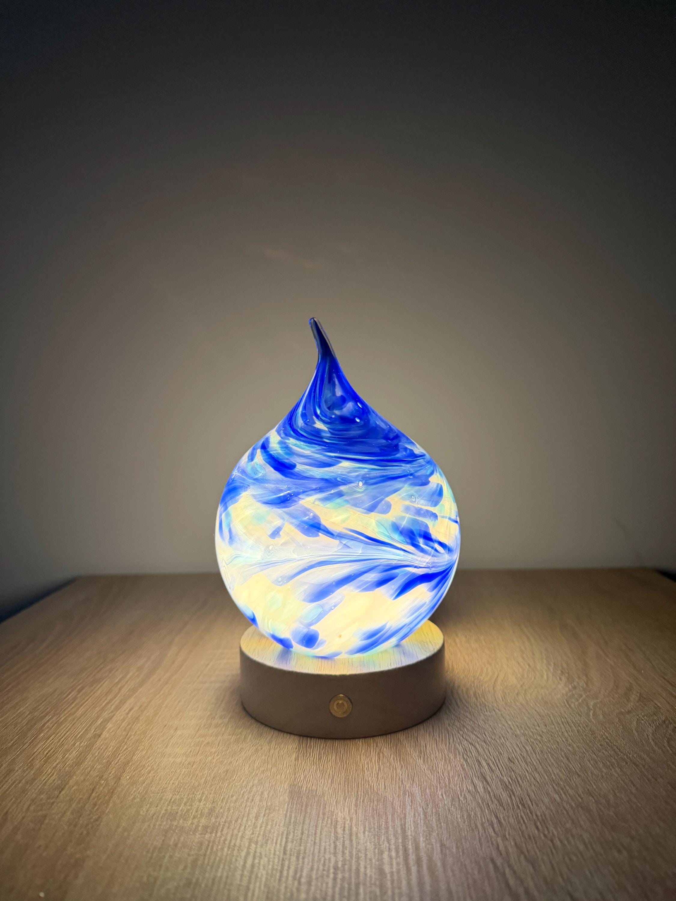 12cm Hand-Blown Blue Teardrop Glass LED Lamp – Battery Powered Multicolor or Warm White