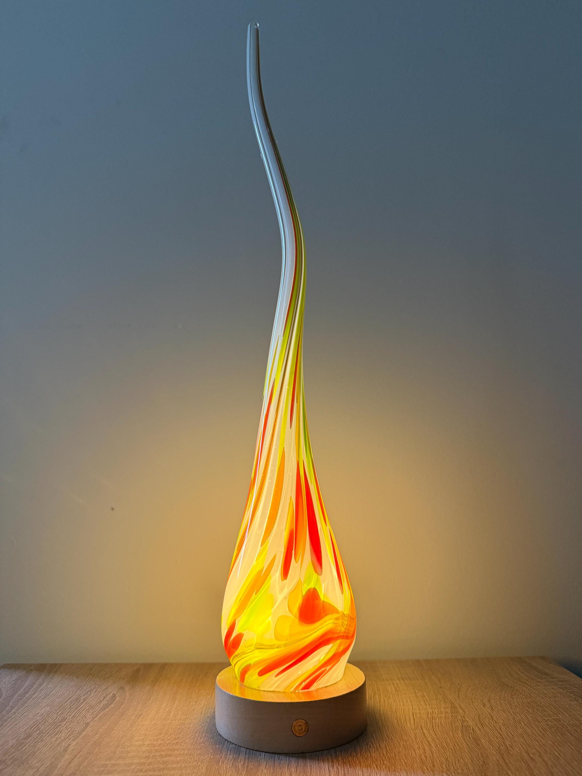 50cm Hand-Blown Fire Flame Glass Lamp – Color Changing LED Touch Light Wooden Base