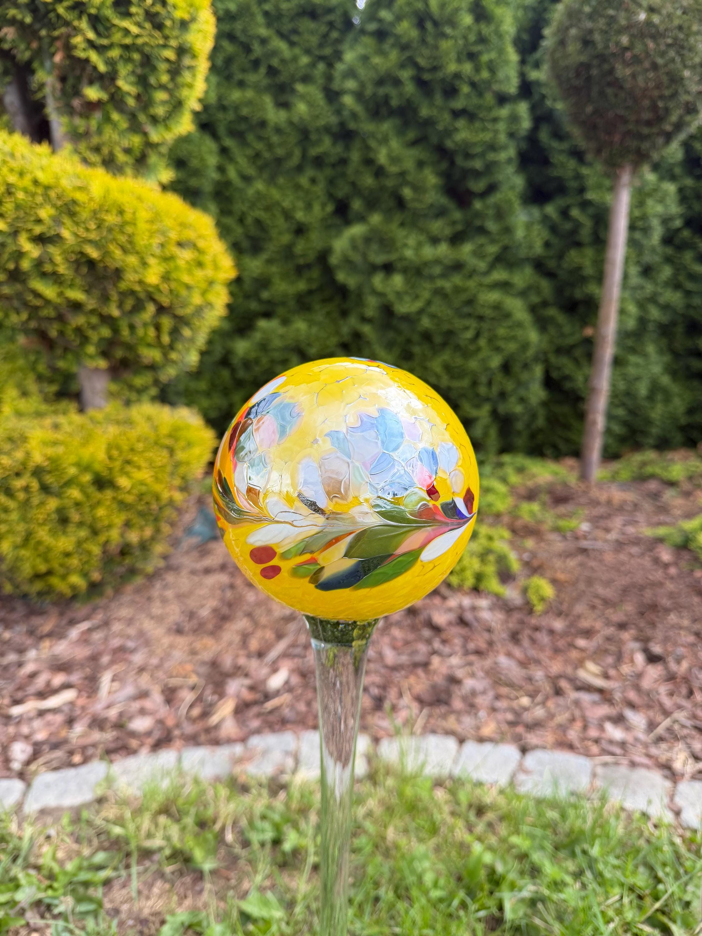 12cm Yellow Glass Garden Stake - Hand Blown Garden Globe - 70cm Outdoor Decor