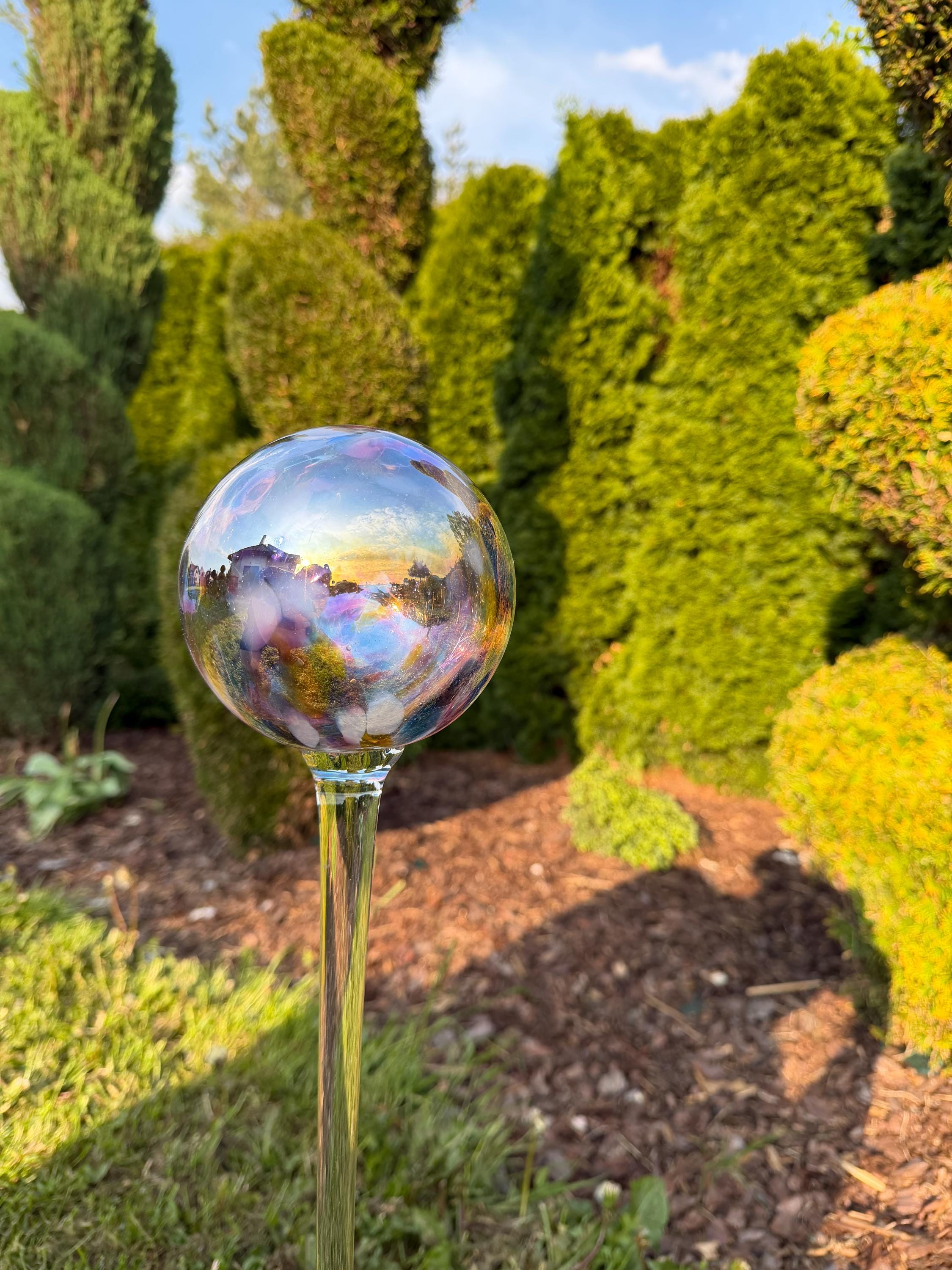 70cm Hand-Blown Iridescent Multicolor Transparent Glass Garden Stake – 12cm Rainbow Sphere