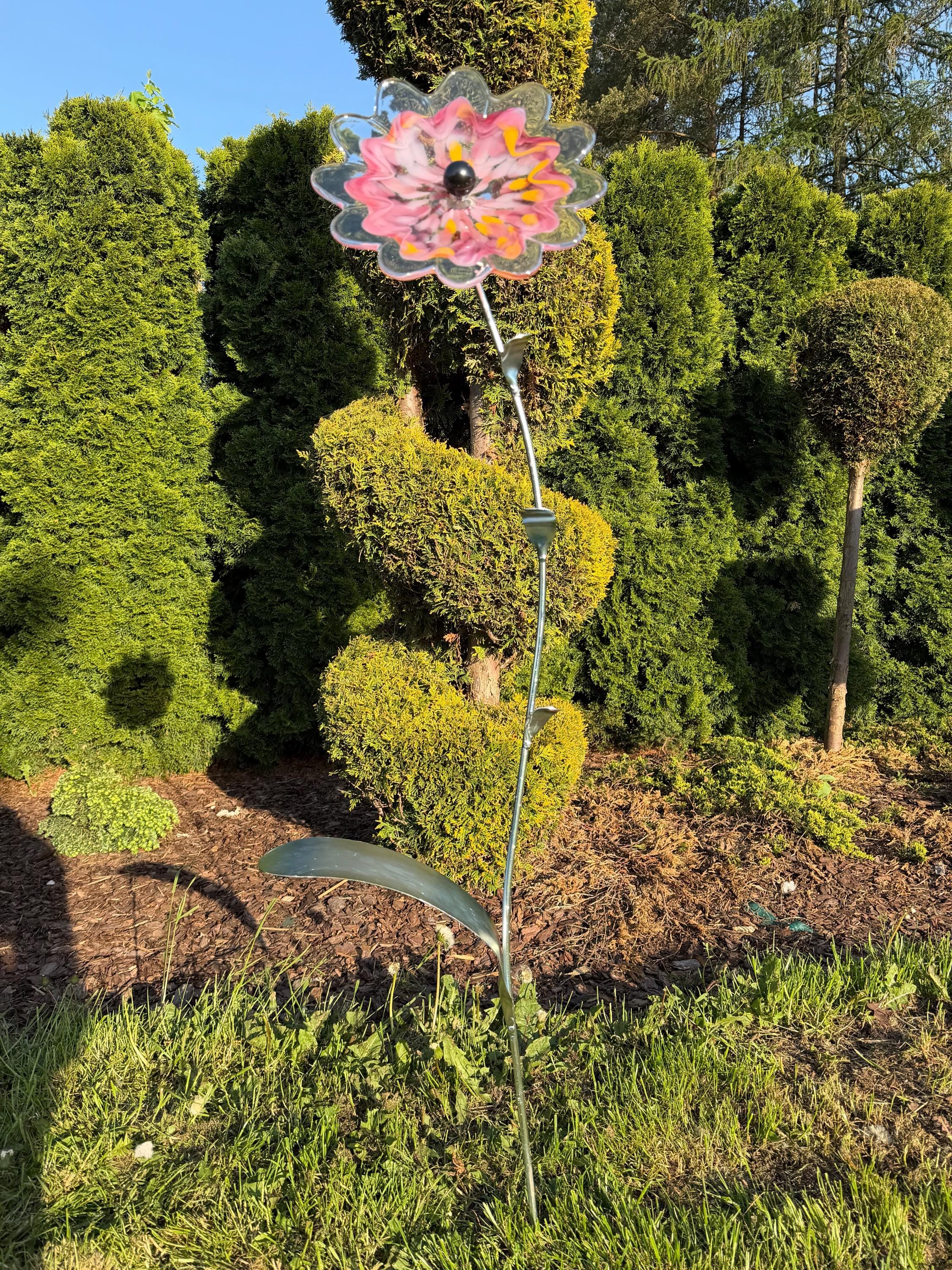 130cm Hand-Blown Pink Red Glass Flower Sculpture on Metal Stake – 28cm Large Garden Art