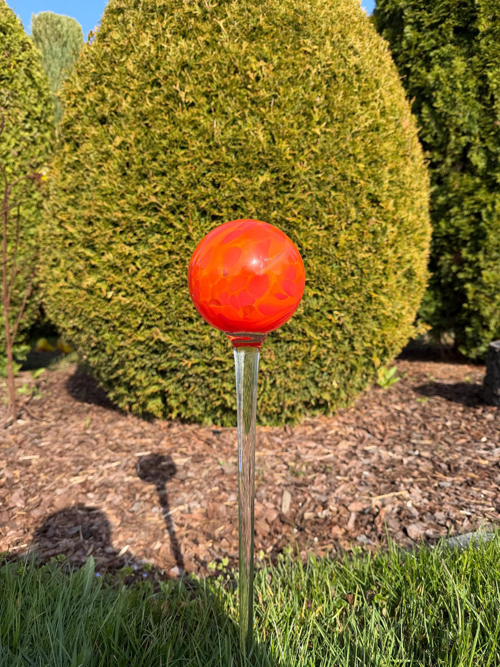 70cm Hand-Blown Glass Garden Stake – 12cm Flame Red Orange Swirl Sphere