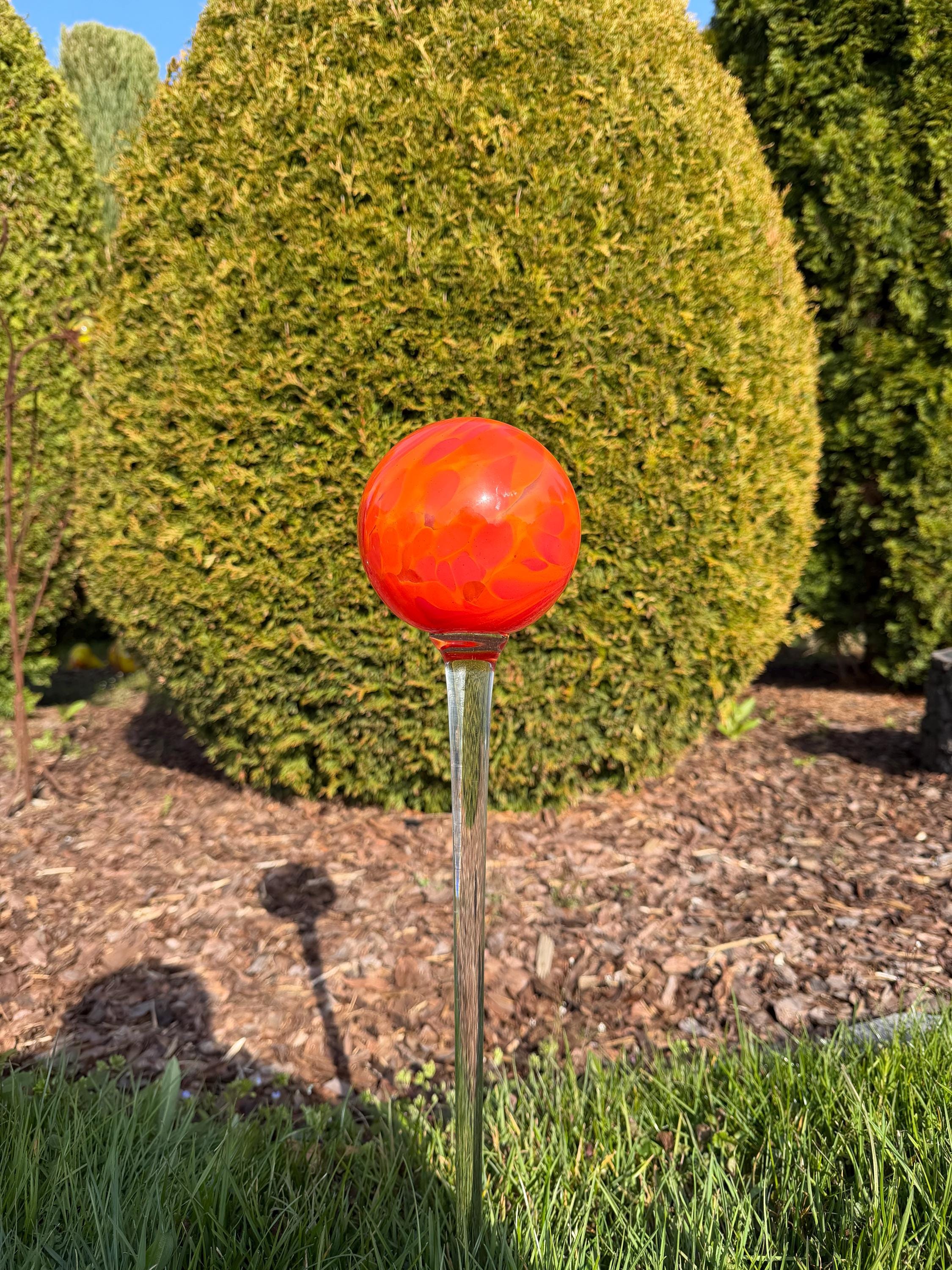 70cm Hand-Blown Glass Garden Stake – 12cm Flame Red Orange Swirl Sphere