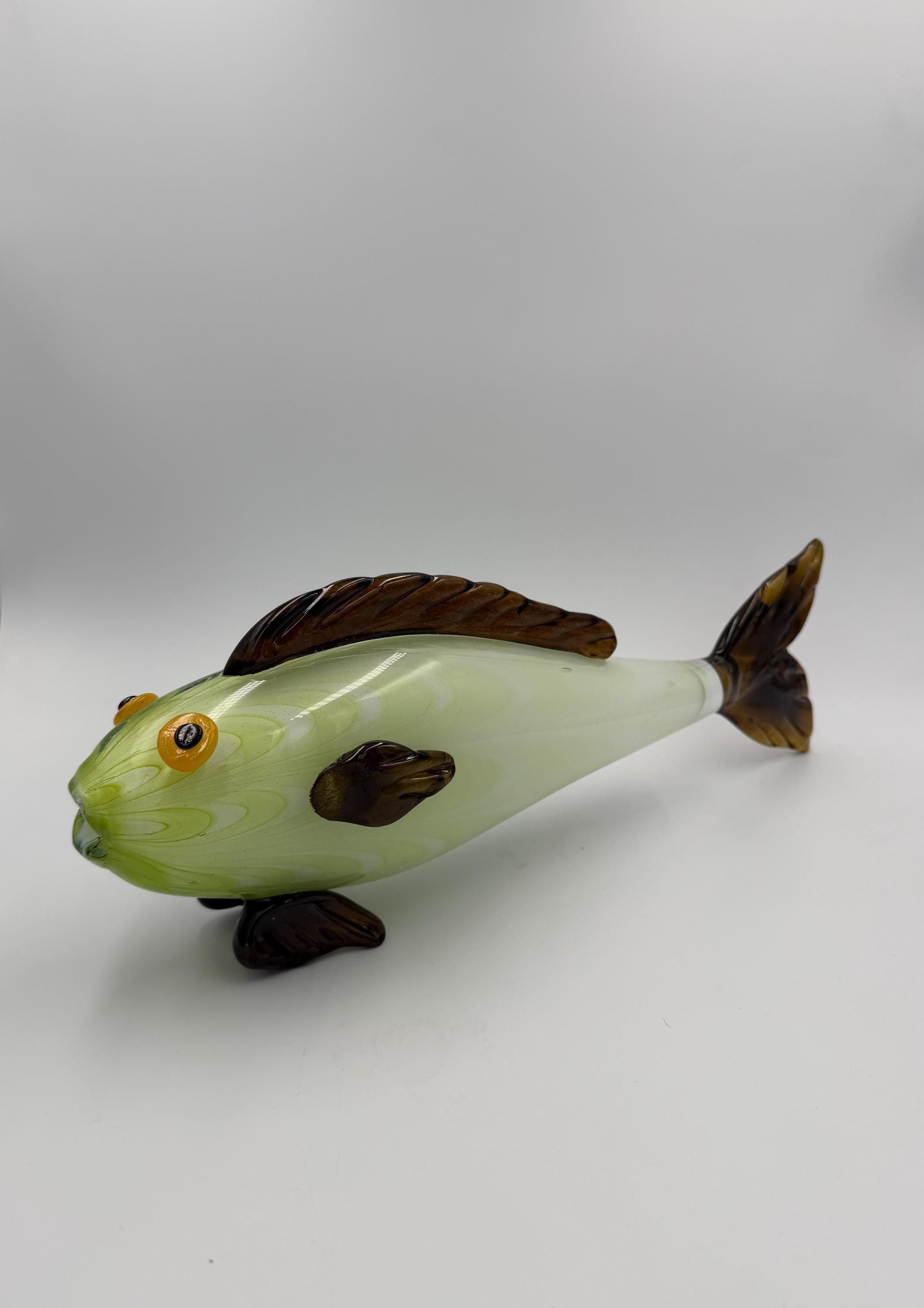 40cm Hand-Blown Glass Fish Sculpture – Light Green with Dark Fins