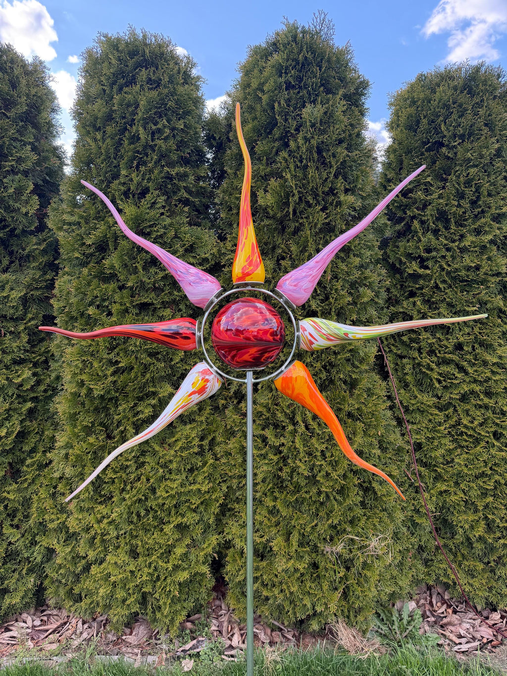 Large Handmade Glass Sun Sculpture – 190cm Outdoor Metal Stake Art