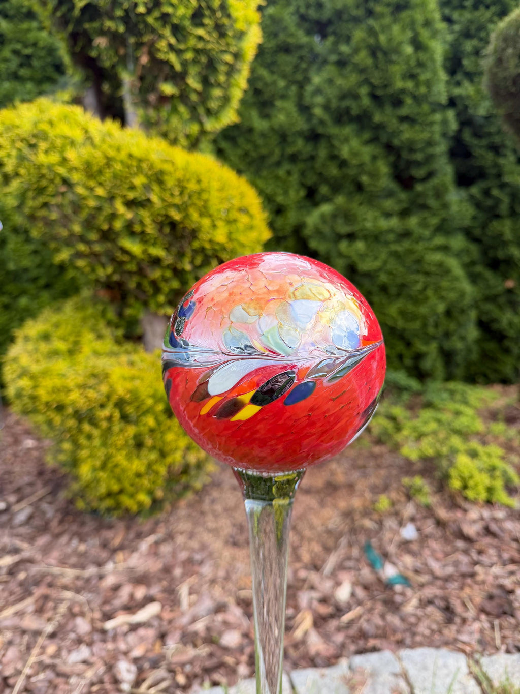 12cm Red Glass Garden Stake - Hand Blown Garden Globe - 70cm Outdoor Decor