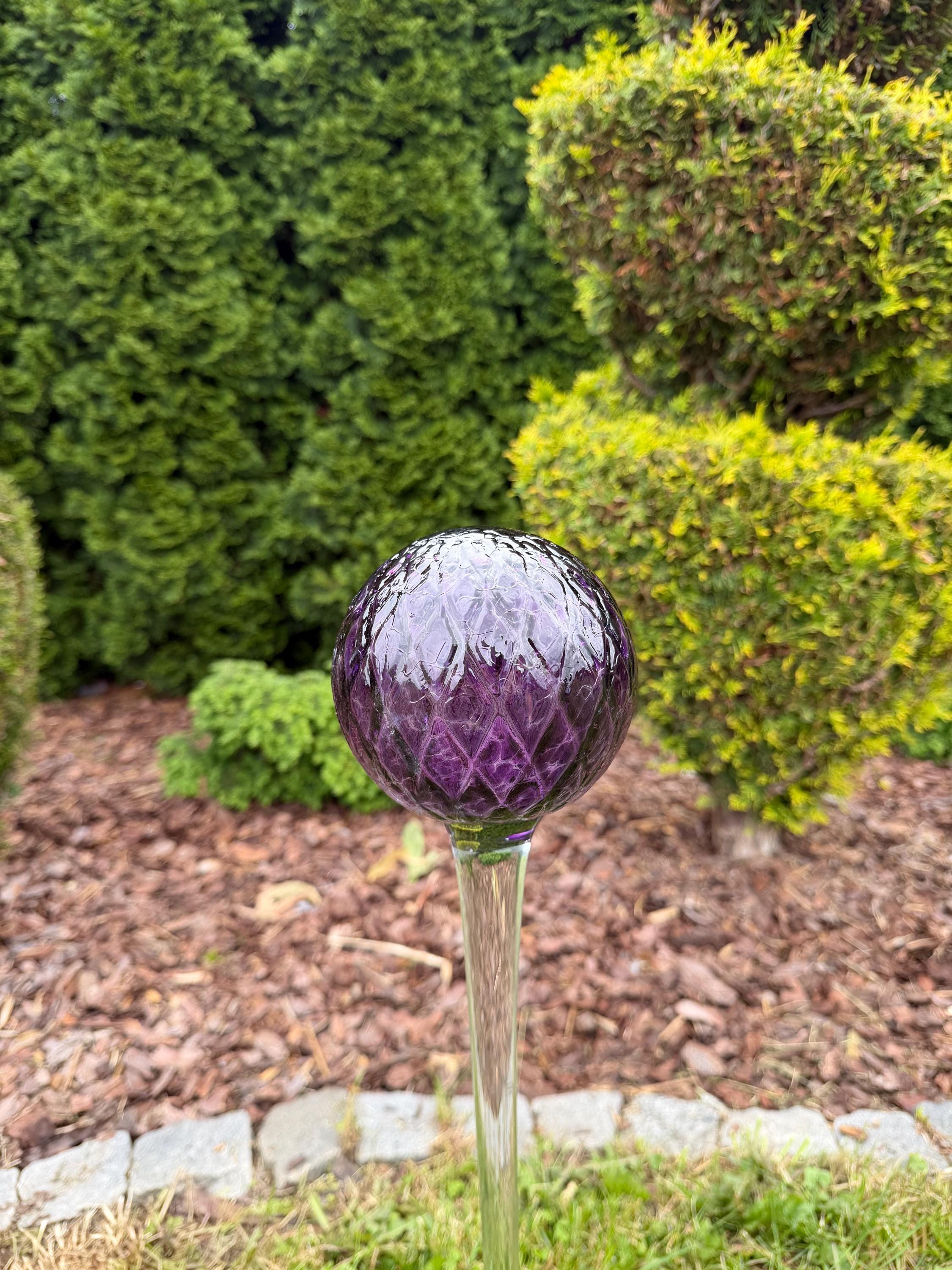 70cm Hand-Blown Purple Glass Ball on Stake – 12cm Textured Gazing Ball – Handmade Outdoor Ornament