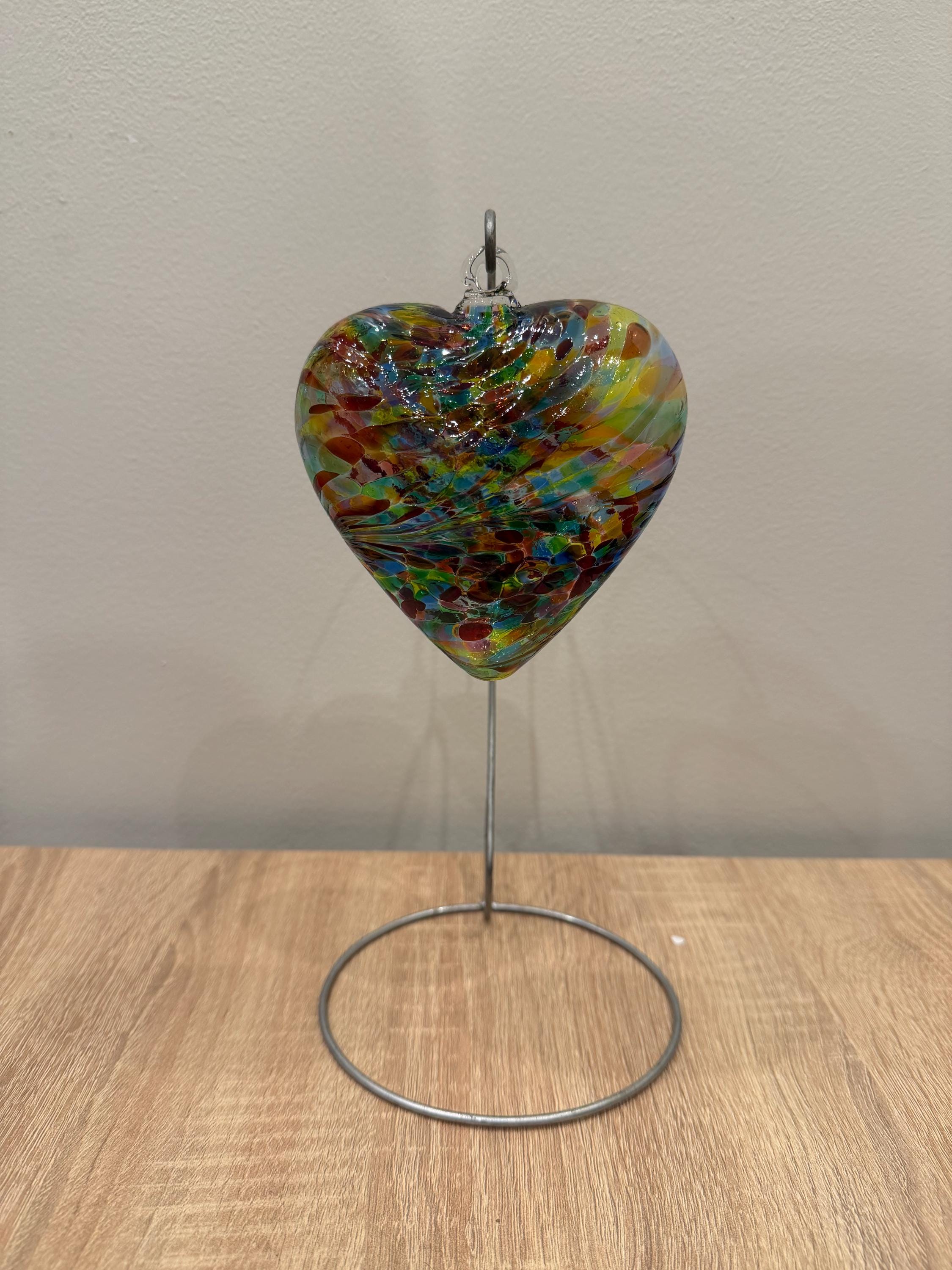 Handblown Glass Heart Ornament - Multi-colored Rainbow Confetti Swirl - Unique Art Glass Gift