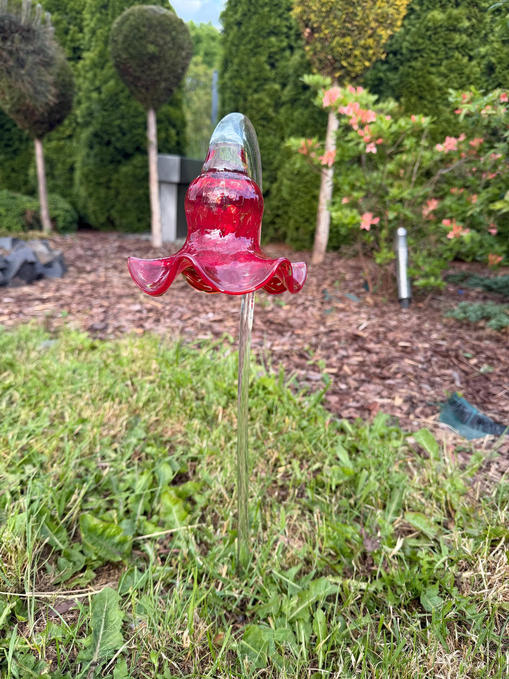 50cm Hand-Blown Red Glass Flower Garden Stake – 12cm Crackle Tulip Sculpture