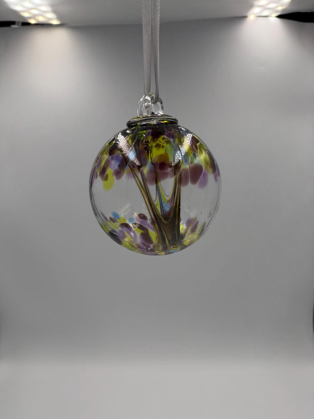 10cm Hand-Blown Multicolor Witch Ball – Purple Yellow Crackle Glass Ornament
