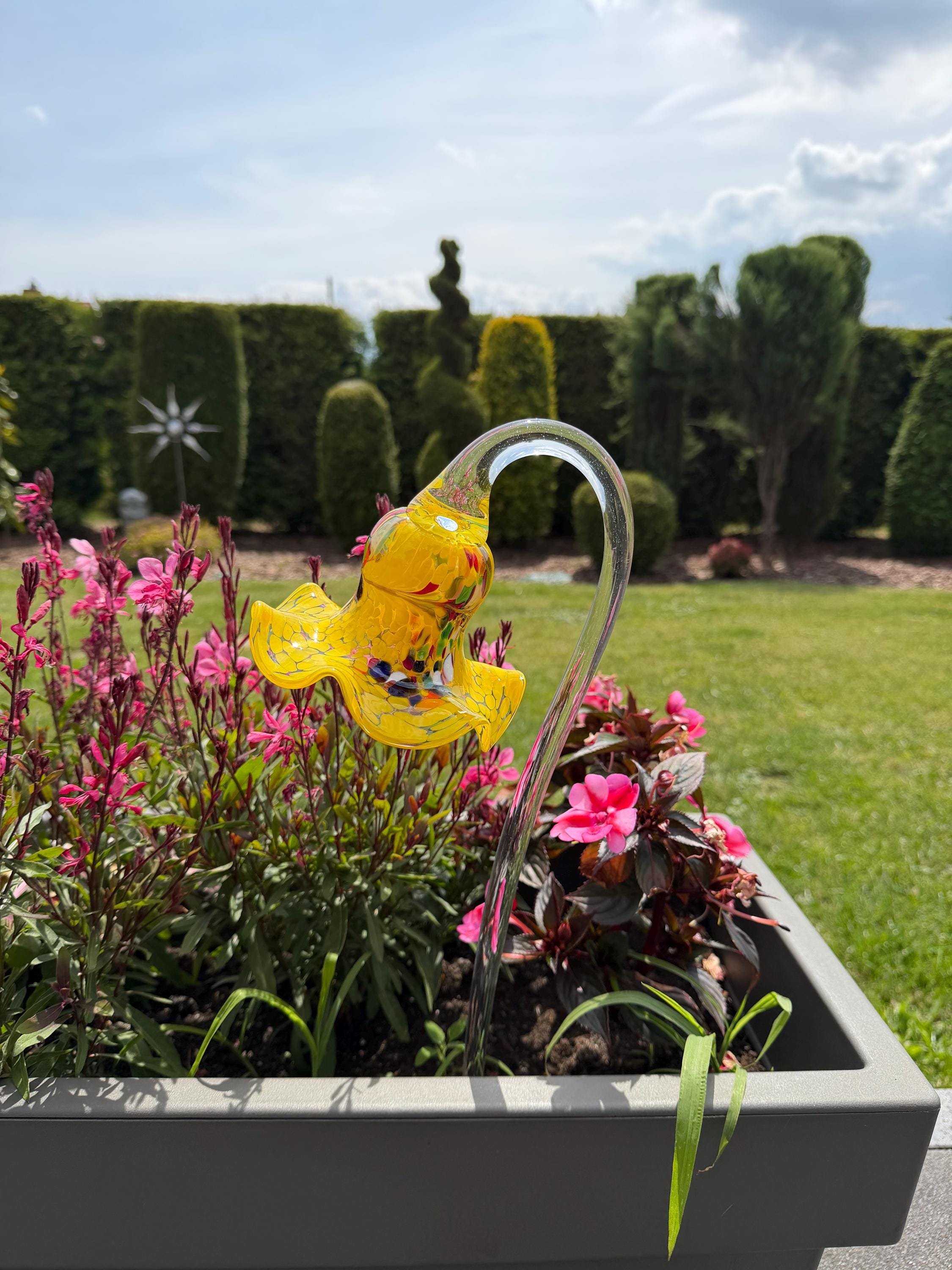12cm Yellow Glass Flower Garden Stake - Hand Blown Garden Art - 50cm Decor