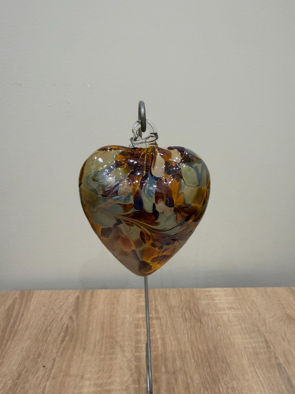Hand-Blown Glass Heart Ornament 8cm – Amber Brown Multicolor Crackle Heart – Custom Color Option