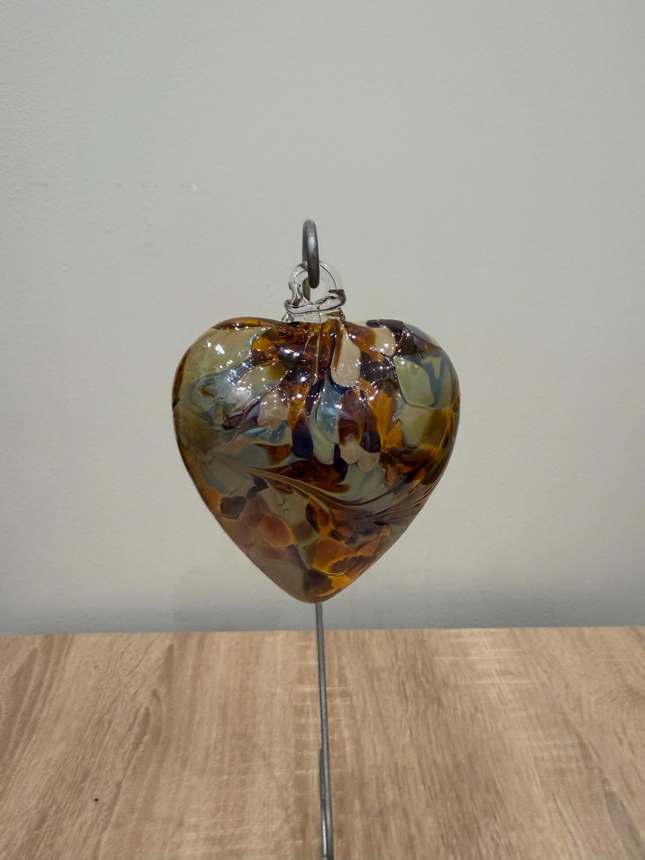 Hand-Blown Glass Heart Ornament 8cm – Amber Brown Multicolor Crackle Heart – Custom Color Option