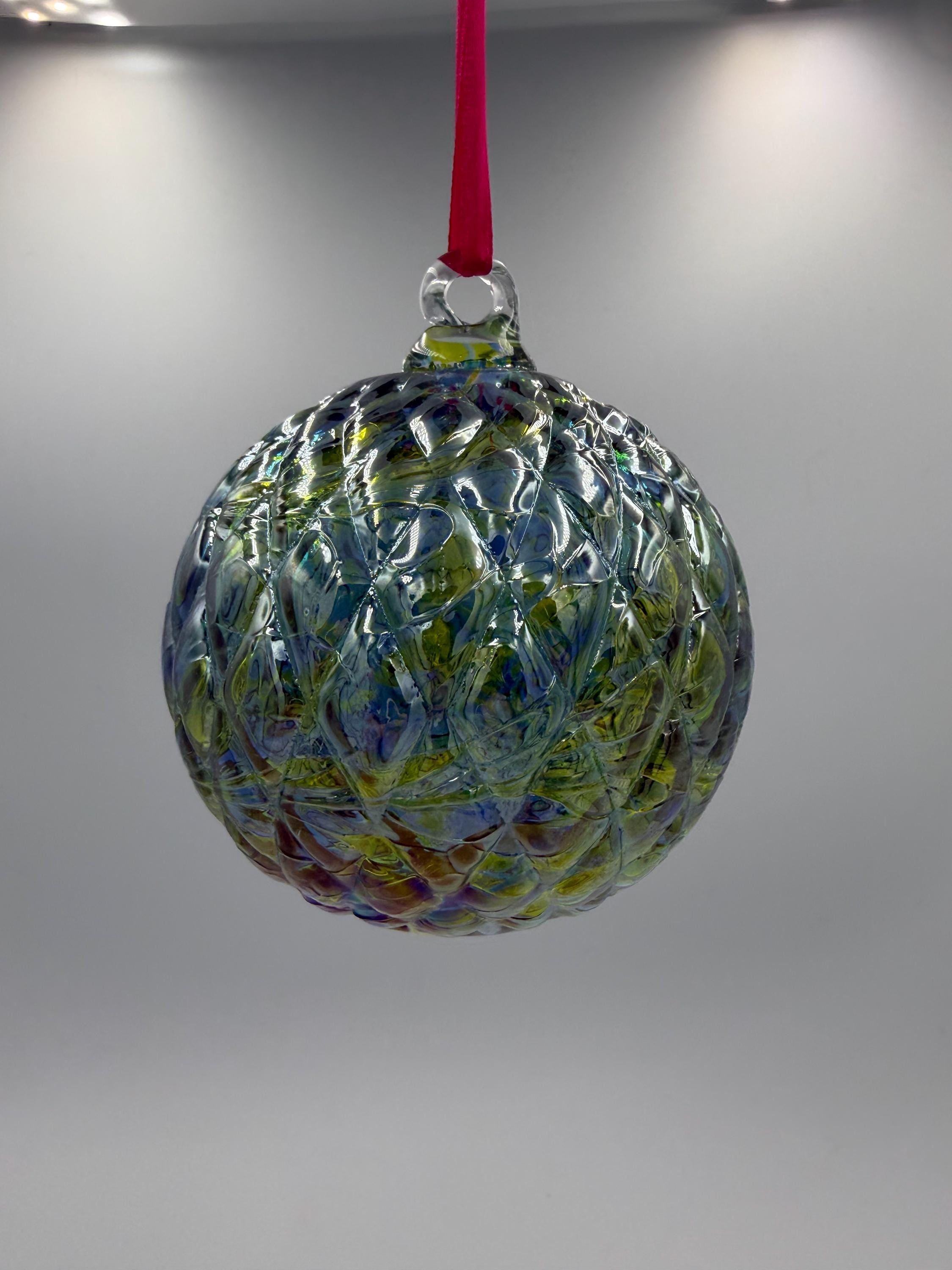 10cm Hand-Blown Crackle Glass Ornament – Iridescent Blue Green Clear Hanging Sphere