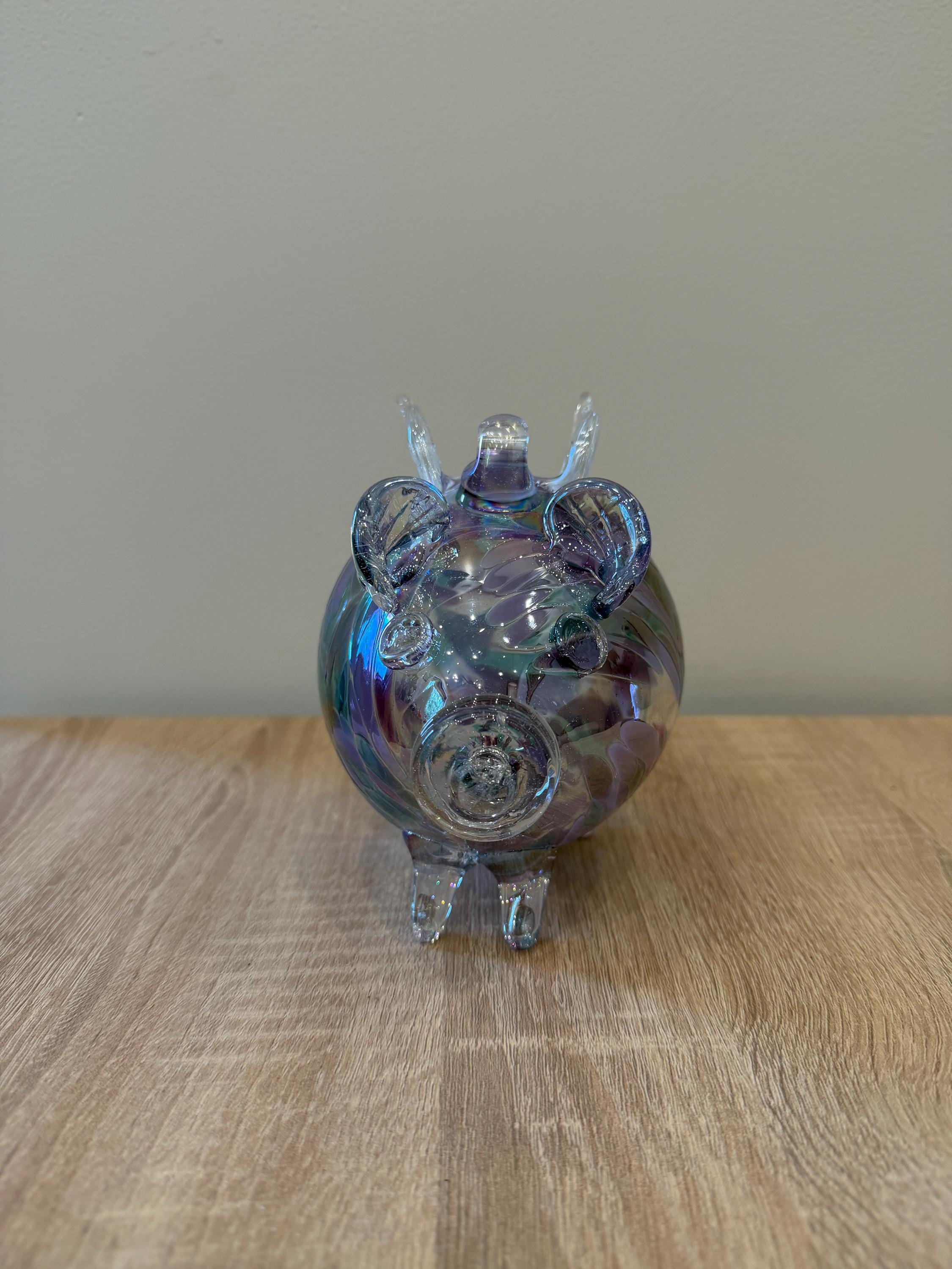 Hand-Blown Glass Flying Pig Ornament 9cm – Iridescent Multicolor Crackle – Hanging Art Glass Figurine