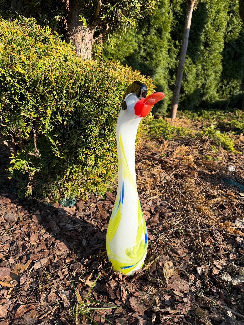 45cm Hand-Blown White Swan Goose Glass Sculpture – Colorful Swirl Bird Figurine