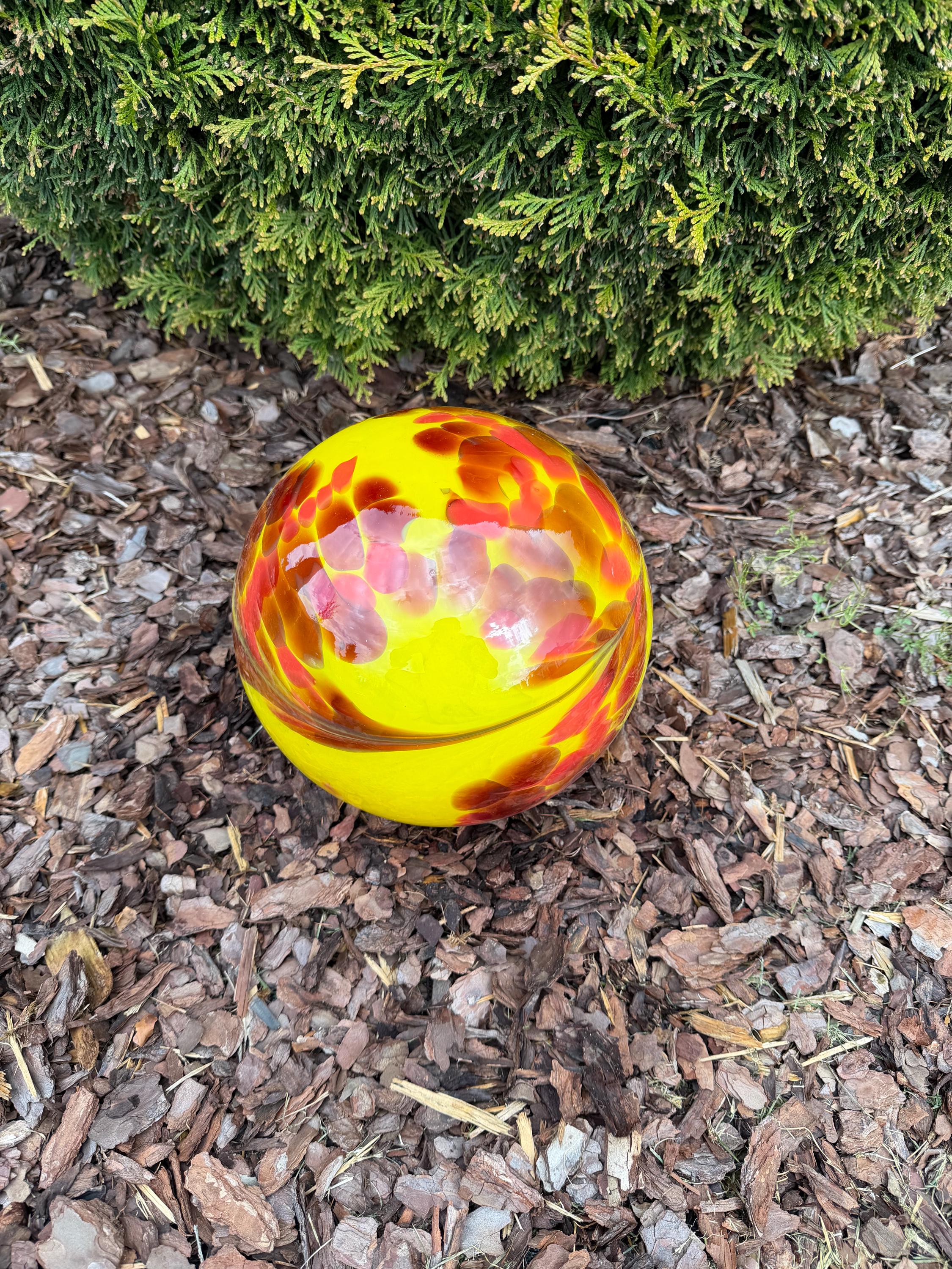 25cm Hand-Blown Glass Garden Sphere – Yellow Red Orange Mosaic Large Gazing Ball