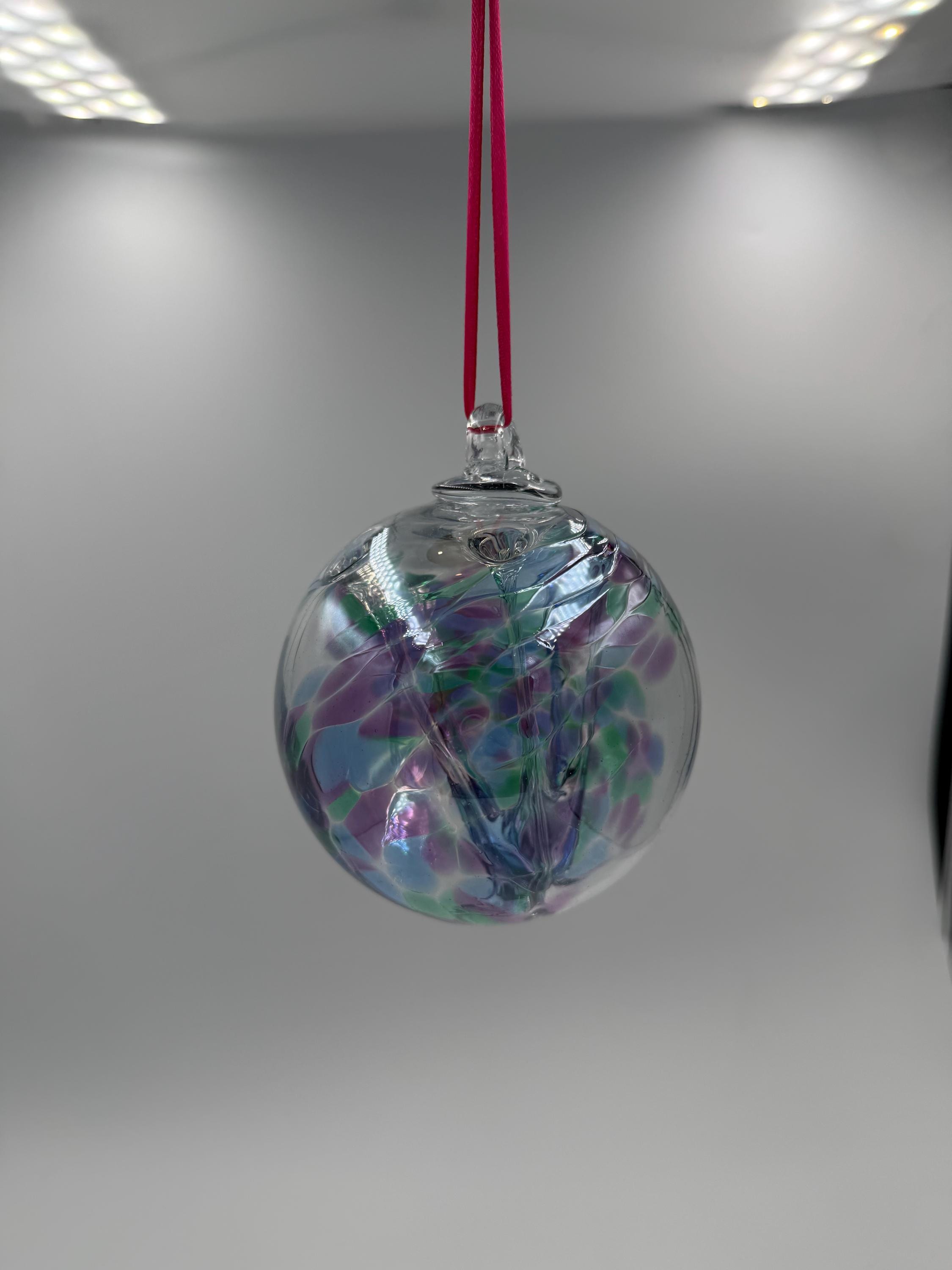 10cm Hand-Blown Witch Ball – Iridescent Purple Green Blue Crackle Glass Ornament