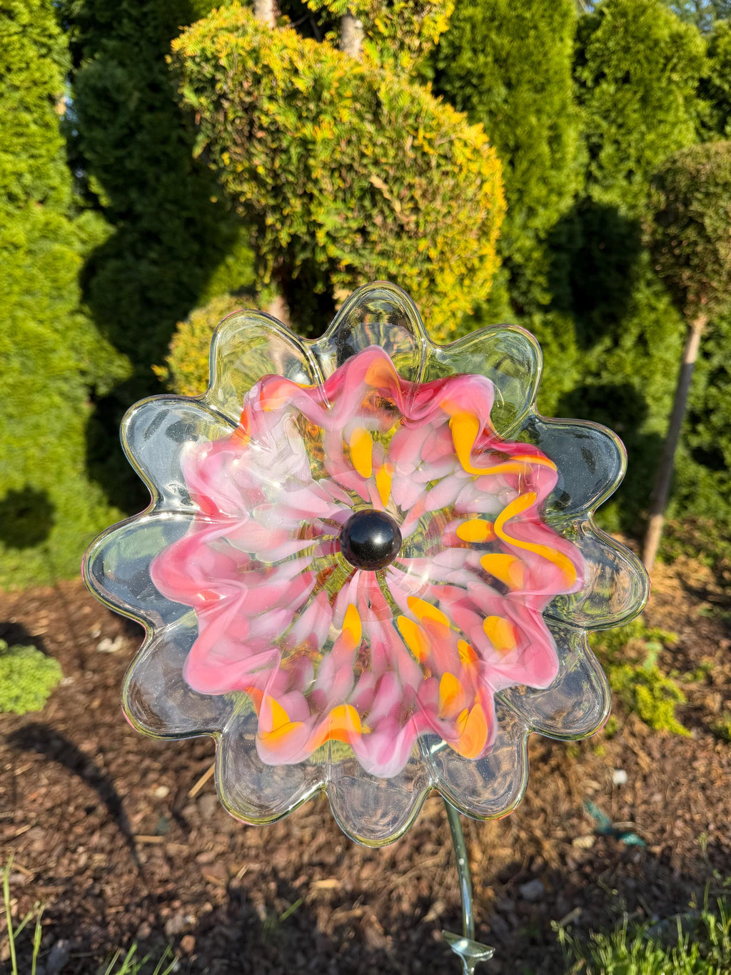 130cm Hand-Blown Pink Red Glass Flower Sculpture on Metal Stake – 28cm Large Garden Art