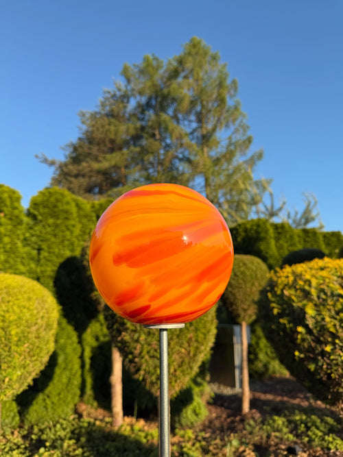 115cm Hand-Blown Orange Swirl Glass Garden Stake – 18cm Large Sphere on Metal Pole