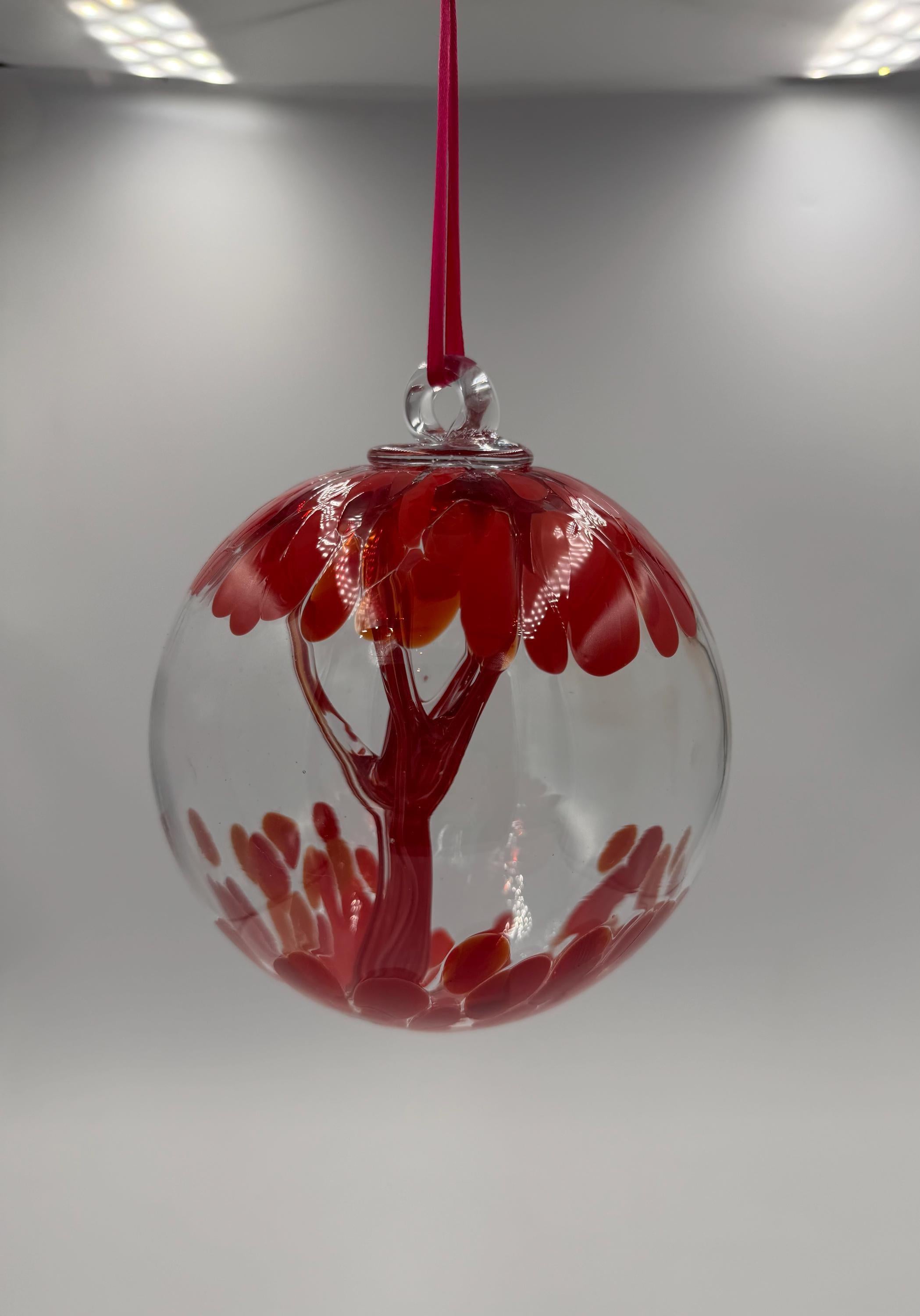 15cm Hand-Blown Witch Ball – Red Magenta Tree Branching Glass Ornament