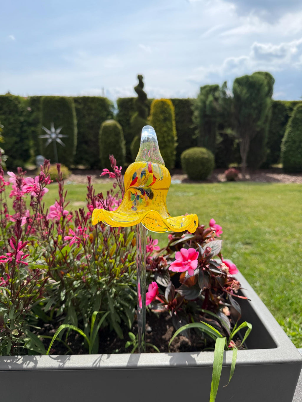 12cm Yellow Glass Flower Garden Stake - Hand Blown Garden Art - 50cm Decor