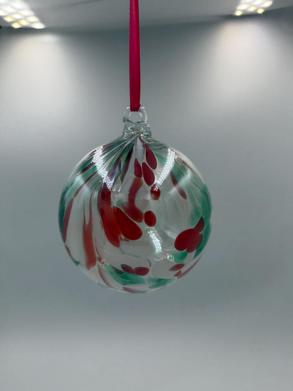 10cm Hand-Blown Crackle Glass Ornament – Red Green Swirl Clear Hanging Sphere