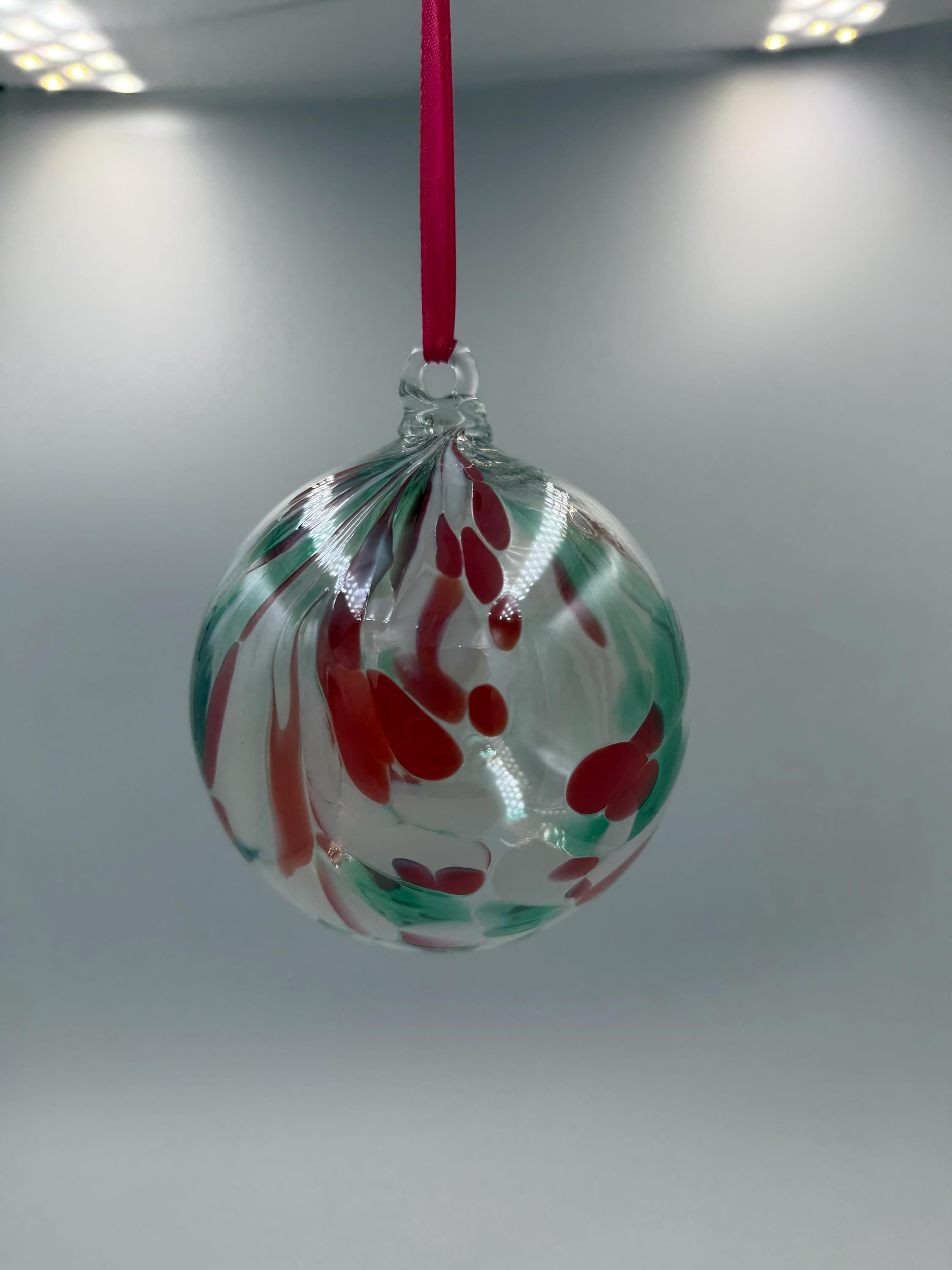 10cm Hand-Blown Crackle Glass Ornament – Red Green Swirl Clear Hanging Sphere