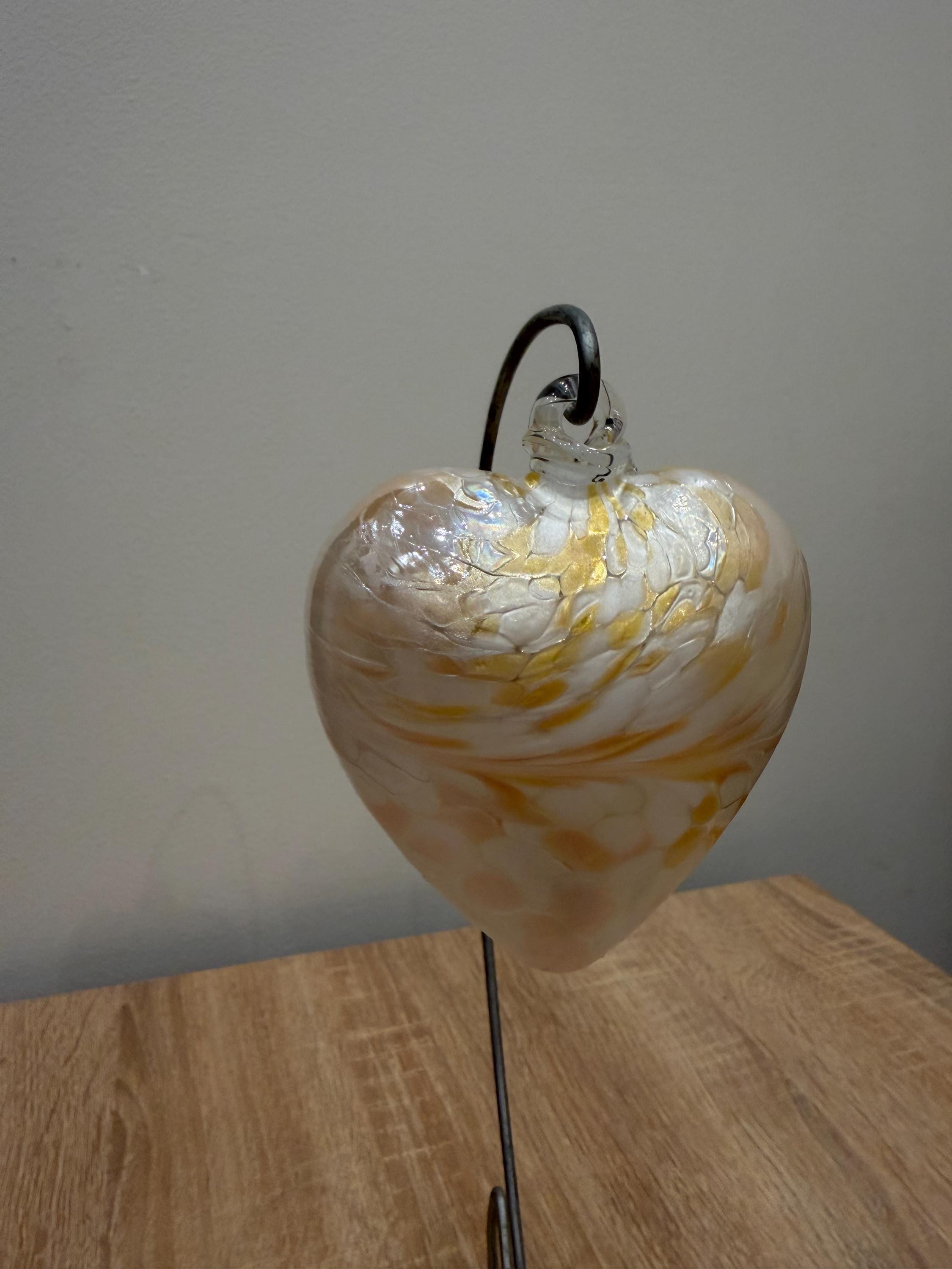 Hand-Blown Glass Heart Ornament 8cm – White & Gold Iridescent Crackle Heart – Custom Color Option Available