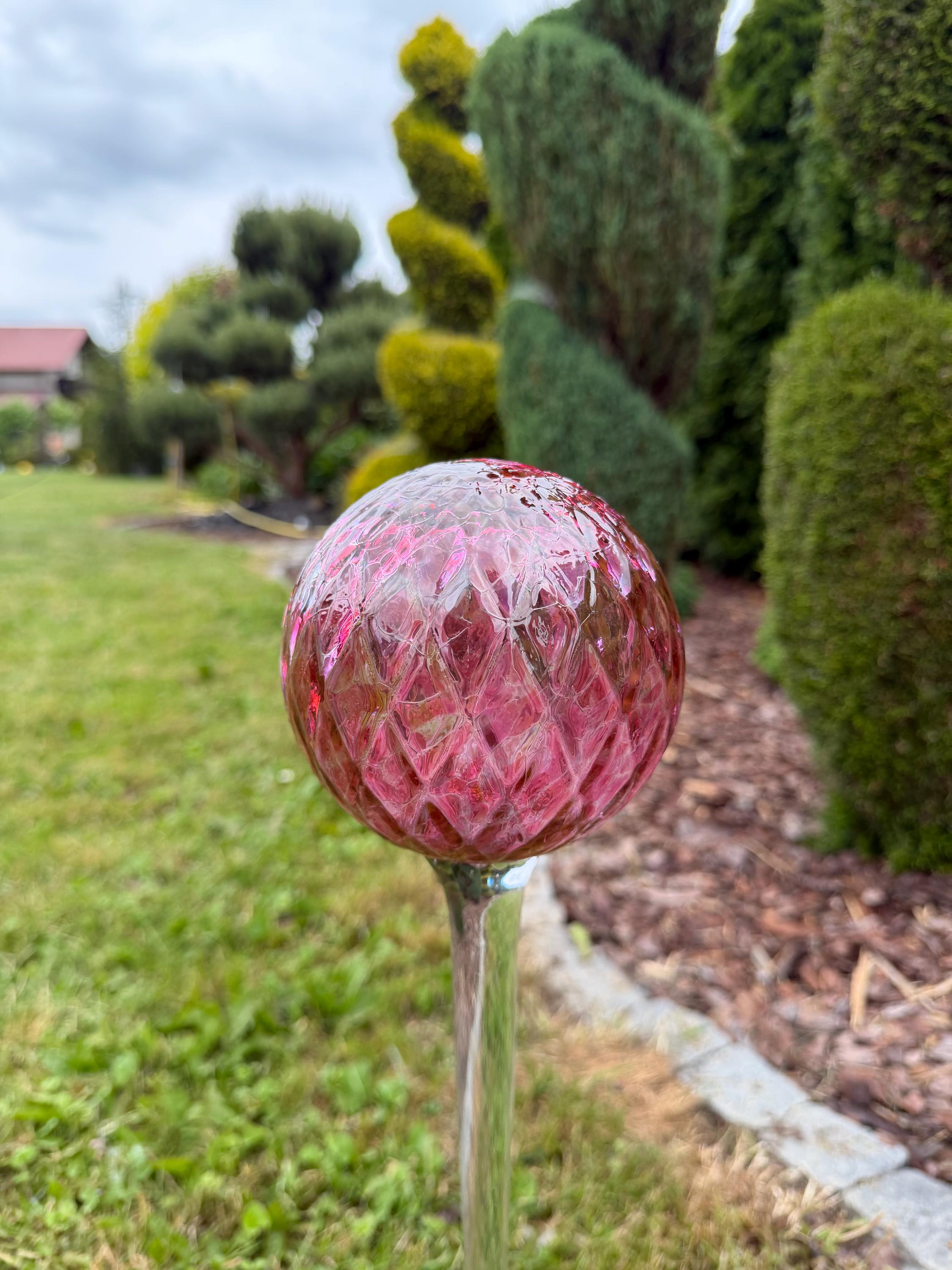 70cm Pink Glass Garden Ball on Stake – 12cm Hand Blown Gazing Ball – Handmade Ornament