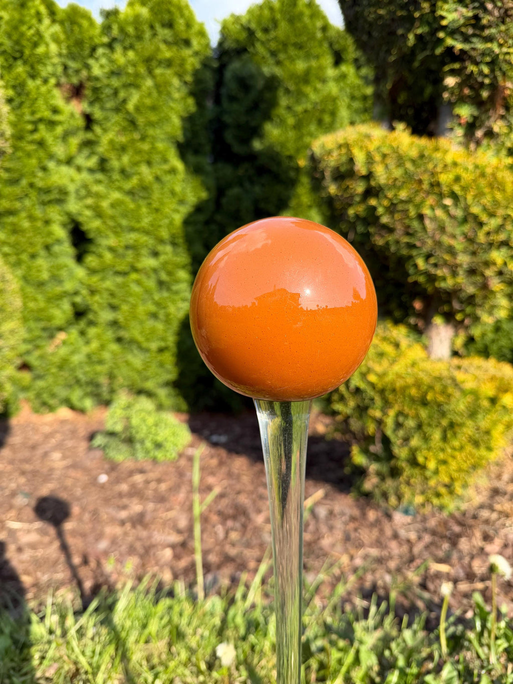 70cm Hand-Blown Orange Glass Garden Stake – 12cm Amber Sphere