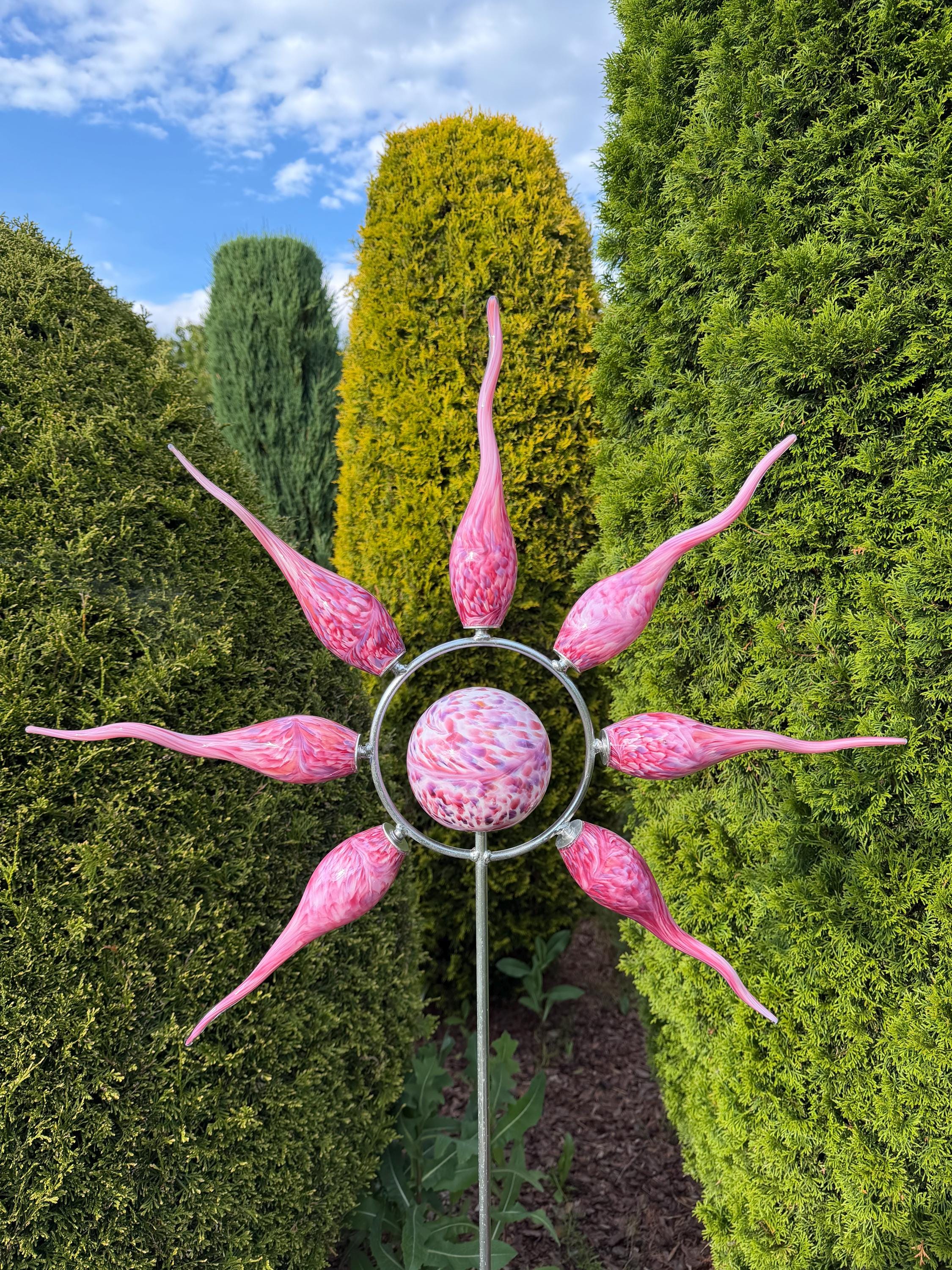 160cm Hand-Blown Pink Glass Sun Garden Stake – Metal Yard Art Sculpture – Outdoor Garden Decor