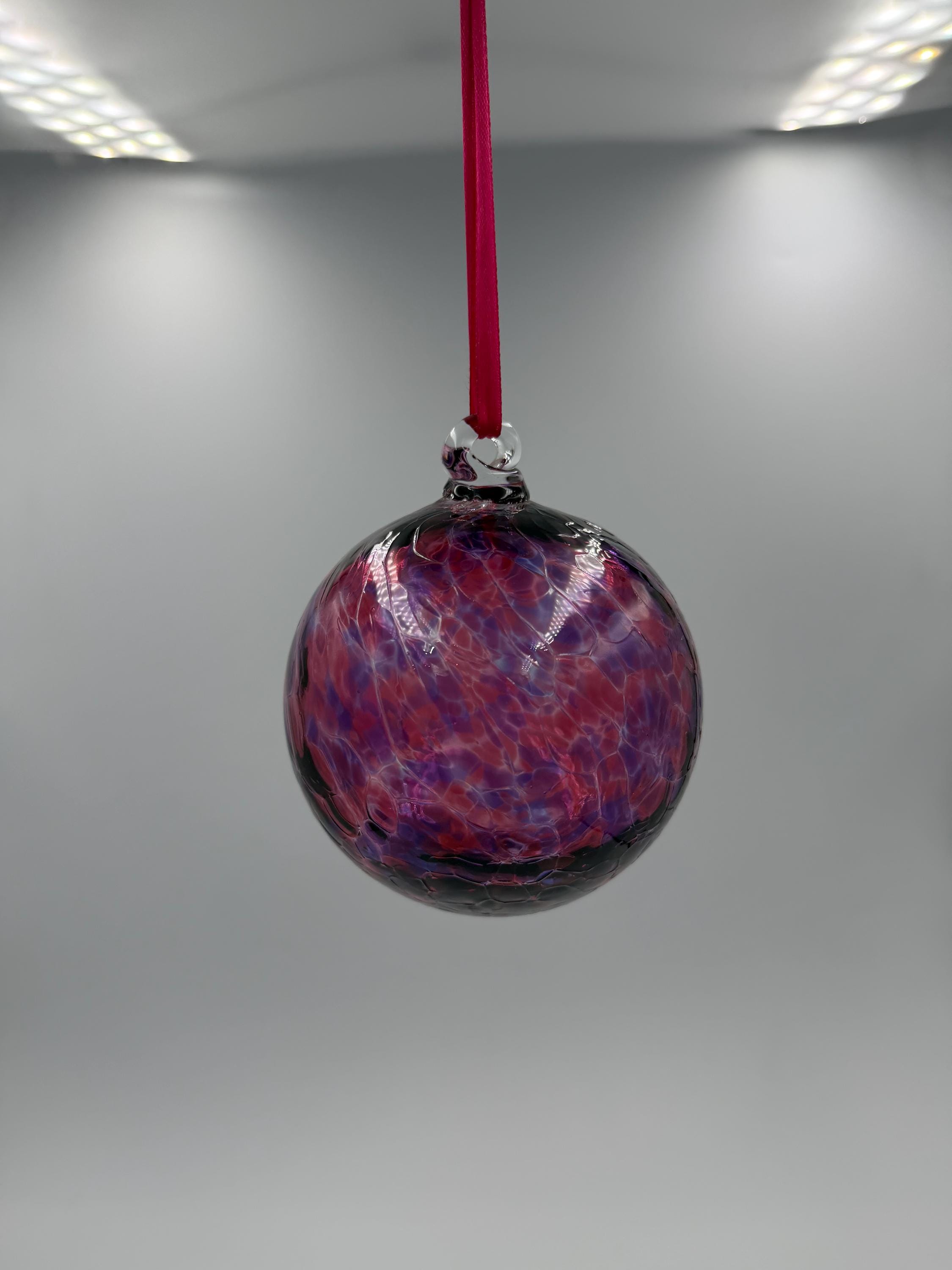 10cm Hand-Blown Crackle Glass Ornament – Purple Magenta Red Crackle Large Hanging Ball