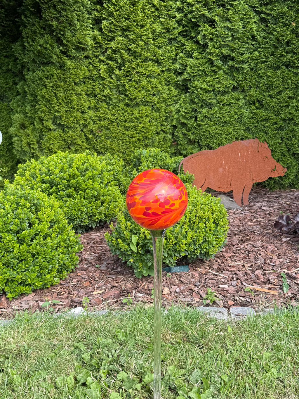 15cm Orange Glass Garden Stake - Hand Blown Garden Globe - 80cm Outdoor Decor