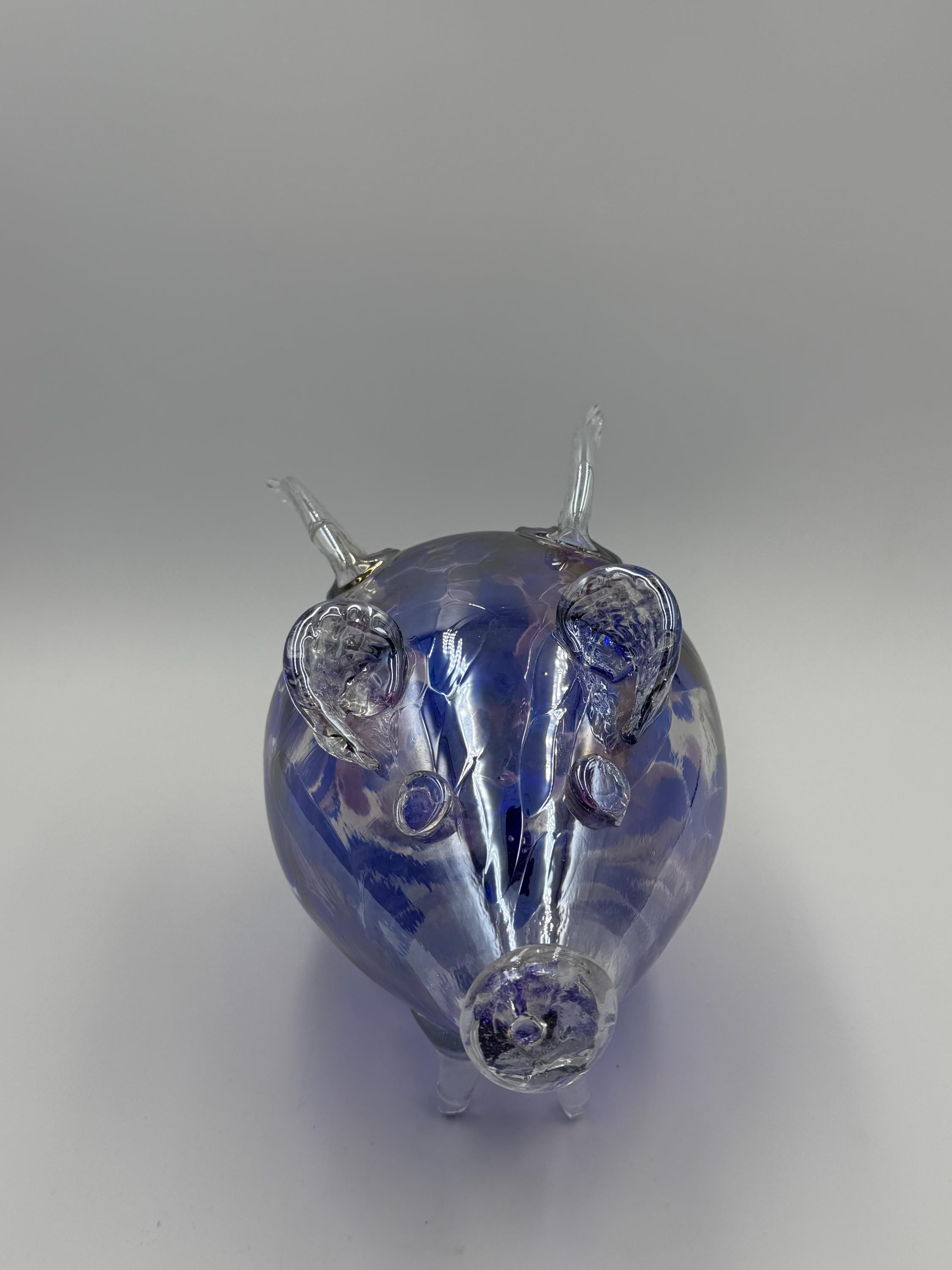 30cm Hand-Blown Flying Pig Glass Sculpture – Blue Purple Iridescent Crackle Art Piece