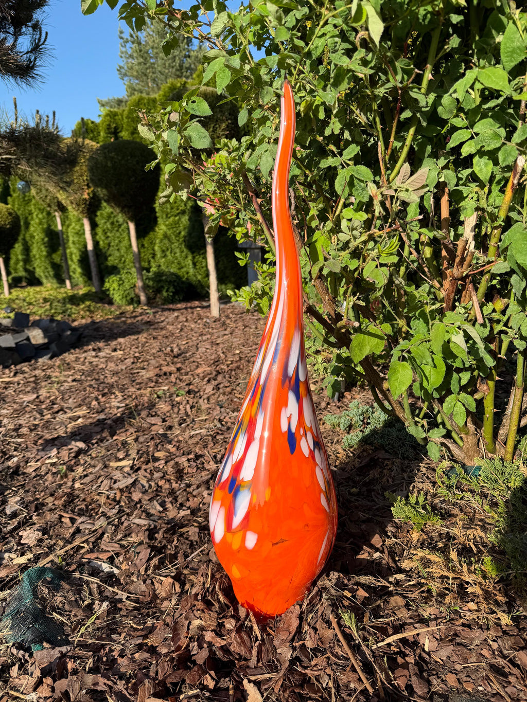70cm Hand-Blown Multicolor Swirl Glass Flame Spire – Orange Red Garden Stake